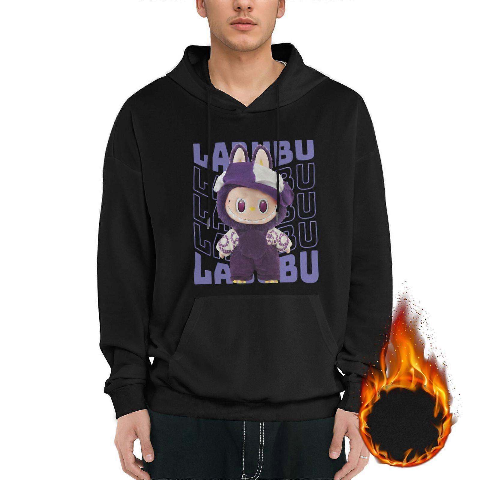 Labubu in Purple Overalls with Cap and Patterned Sleeves Print Men's Hoodie