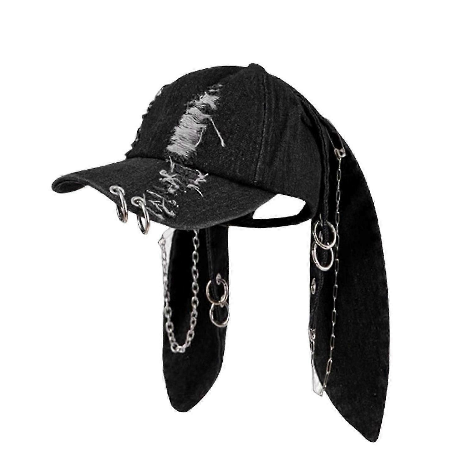 Denim Baseball Hat Adjustable Strap Distressed Design Denim Cap with 3D Bunny Ears Streetwear