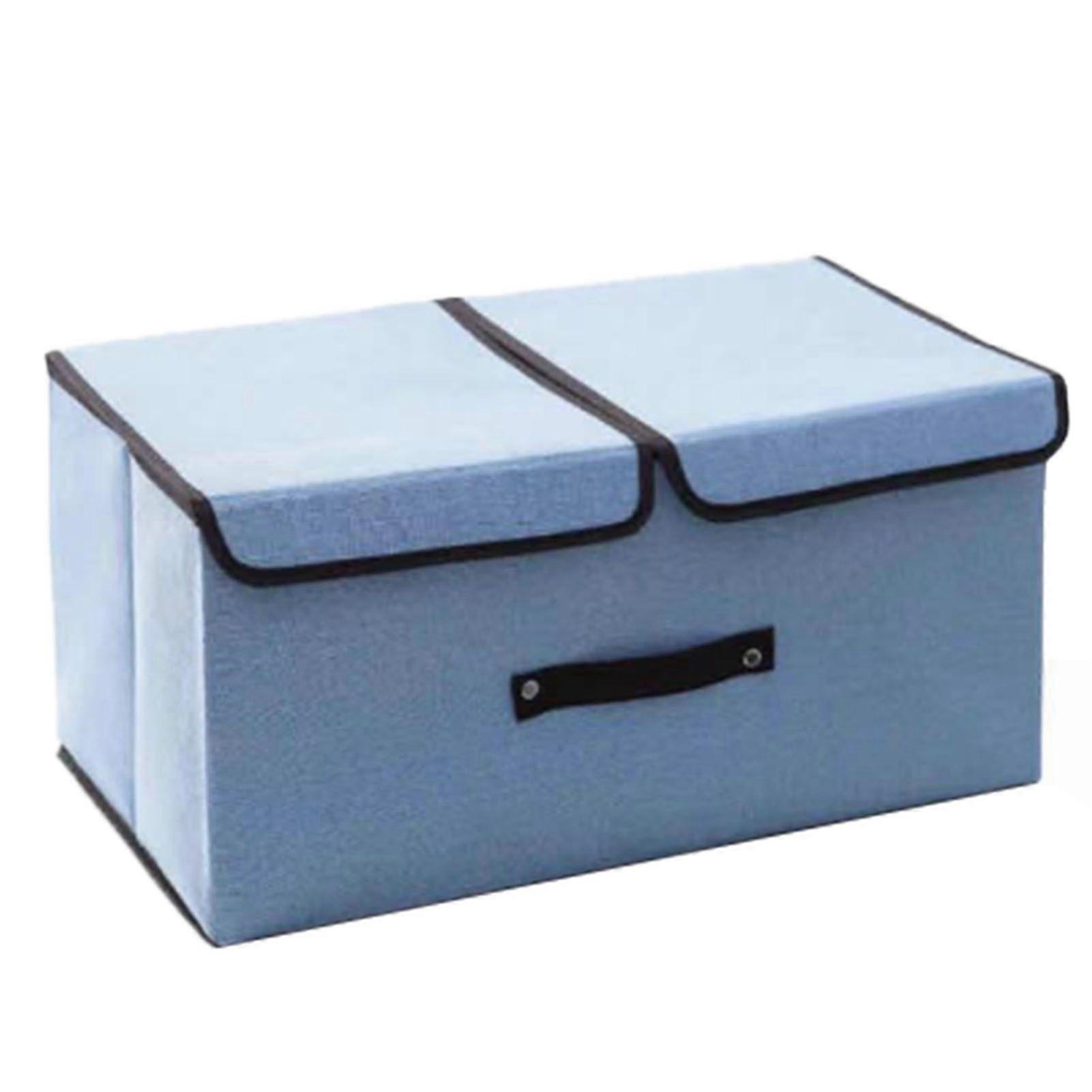 Cotton Linen Storage Box Double Lid Fabric Folding Sundries Box Dormitory Underwear Storage Case Medium Blue