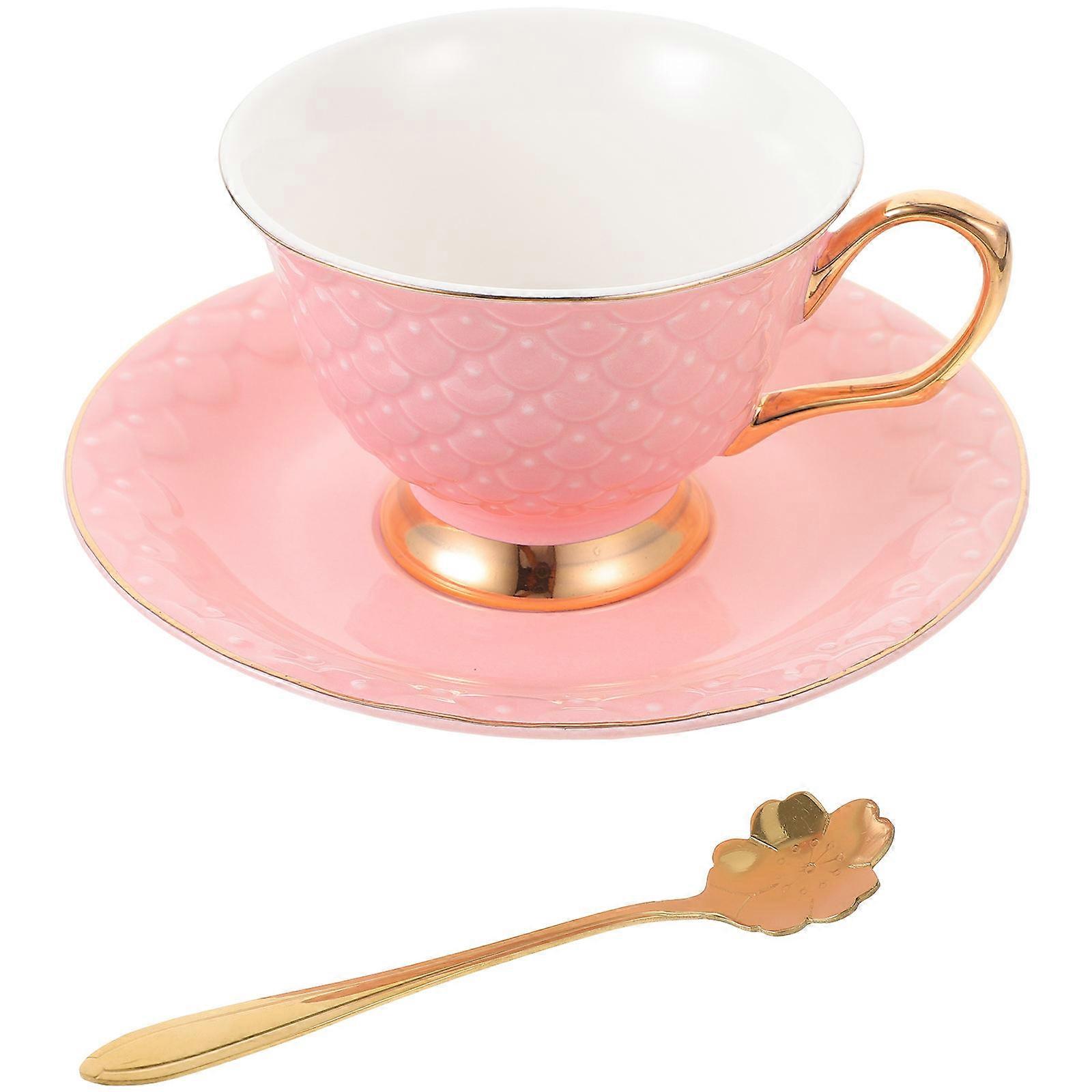 Ceramic Coffee Cup with Saucer for Drinking 4Sets Pink European Style