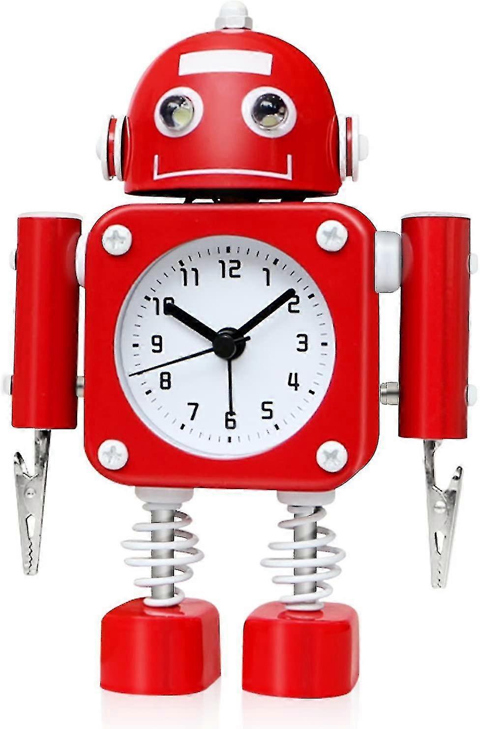 Non-ticking Robot Alarm Clock Stainless Metal - Wake-up Clock With Flashing Eye Lights And Hand Clip (ruby Red)