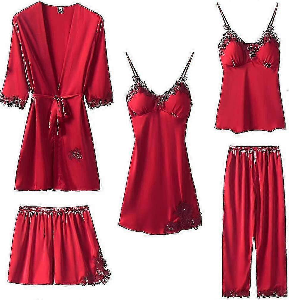 Set di indumenti da notte in raso di seta di lusso per le donne - Pigiama da 5 pezzi con accappatoio e pantaloni