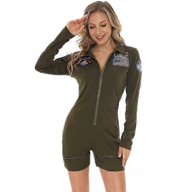 トップガンコスプレアメリカ空軍アビエイターユニフォームハロウィーンコスチューム女性大人軍グリーンミリタリーパイロットジャンプスーツ