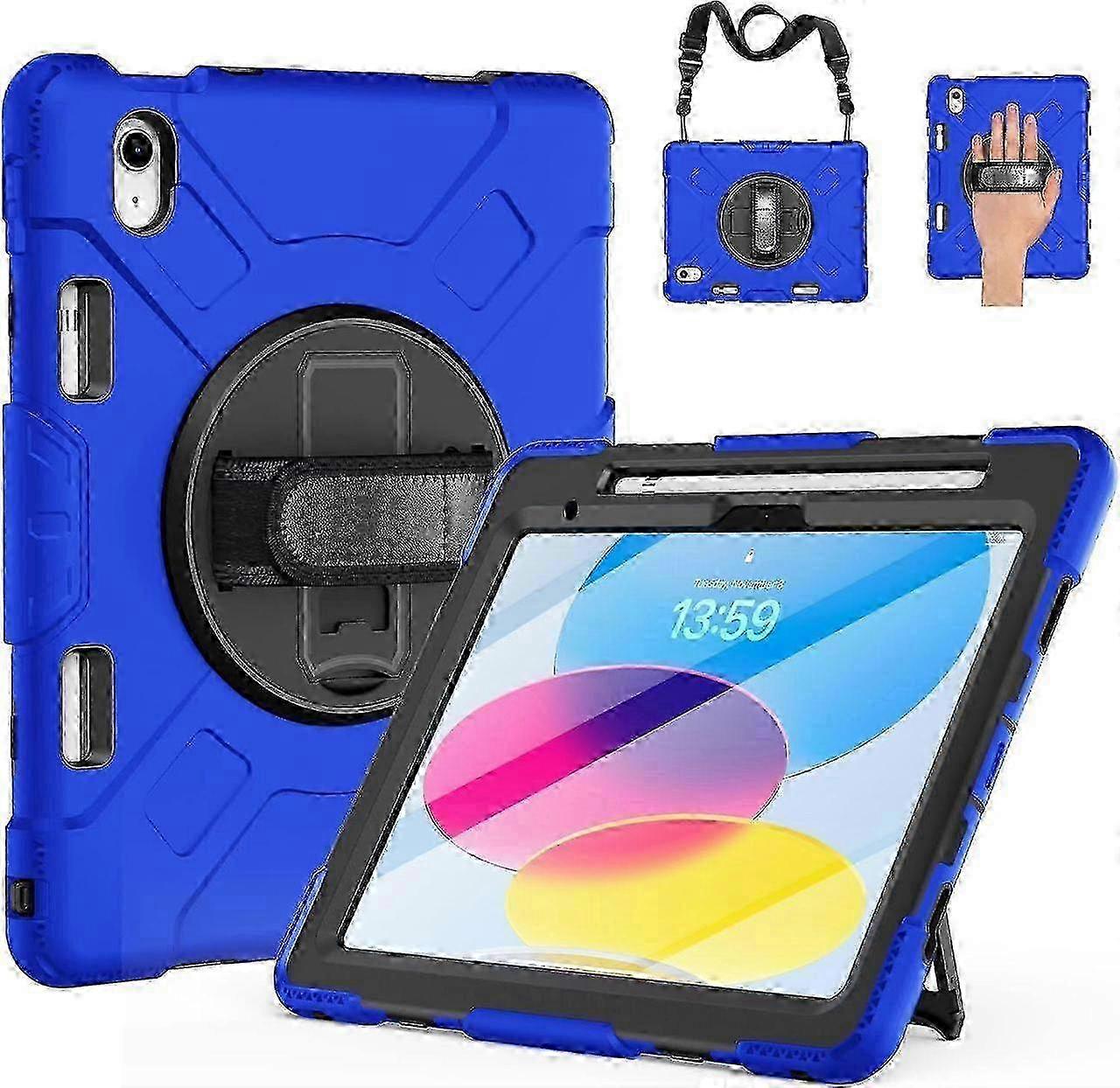 Case for iPad 10th Generation 2022 A2757 A2777 A2696 Protective Cover with Screen Protector/Pencil Holder/Rotating Stand/Hand Strap/Shoulder Strap 202