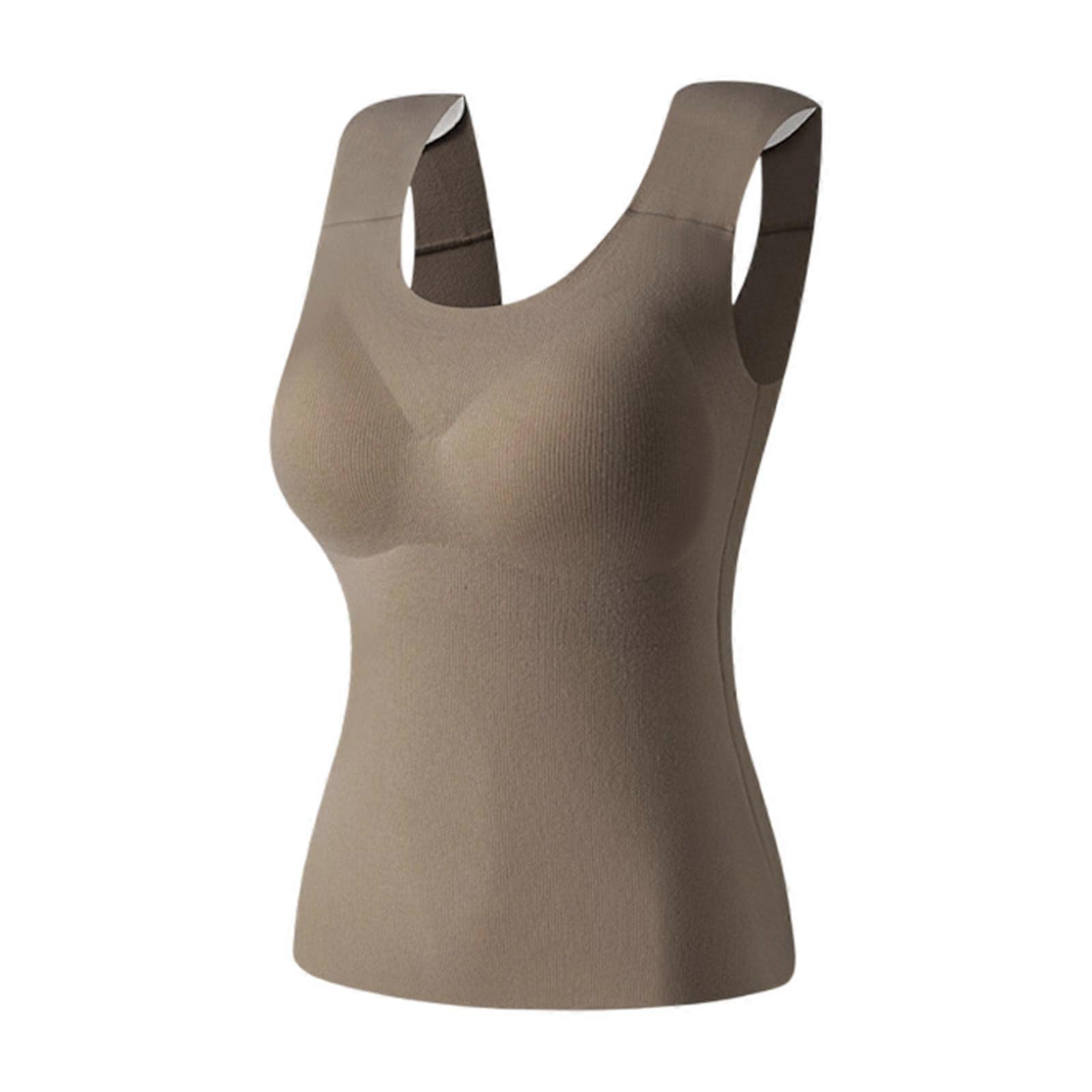 Winter Essential Women's Thermal Vest with Built in Bra Shoulder Pads Support Tank Top Undershirt for Cold Weather  XXL dark coffee
