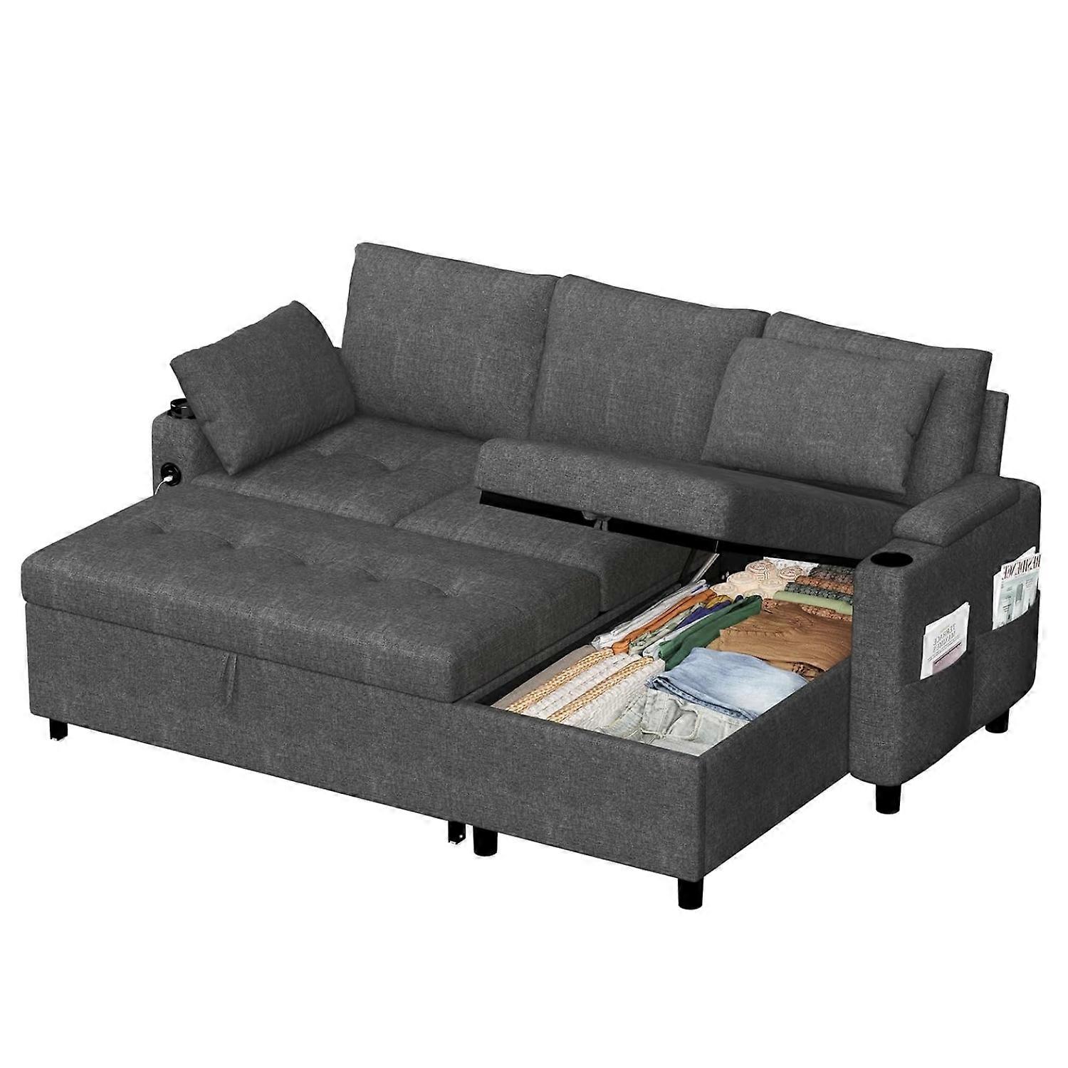 YODOLLA 3-Seater Corner Sofa Bed, L-Shaped with Pull-Out Sleeper, Convertible Foldable Couch with Storage