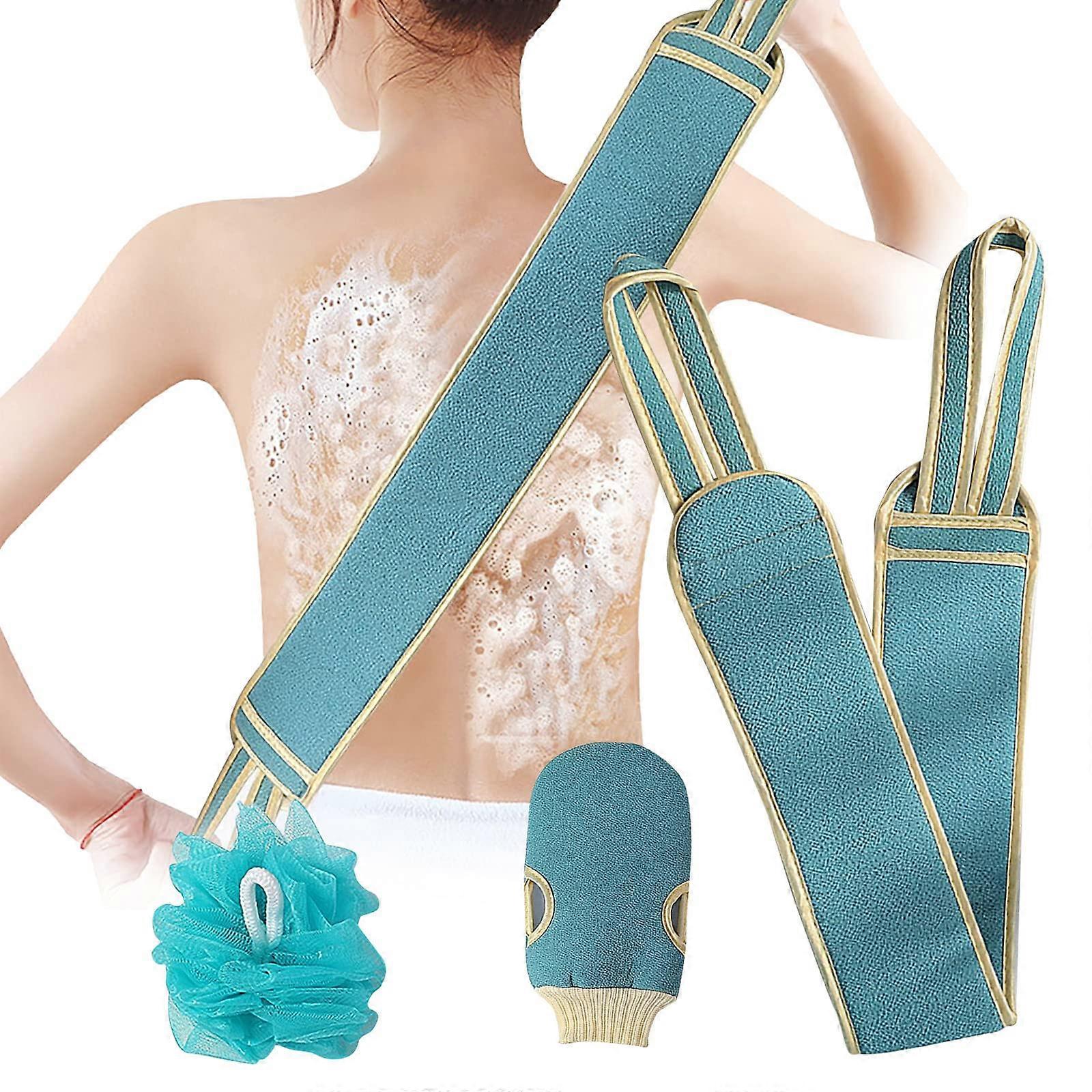 Exfoliating Back Scrubber with Long Handle Foldable Fast Drying Design and Shower Gloves Set