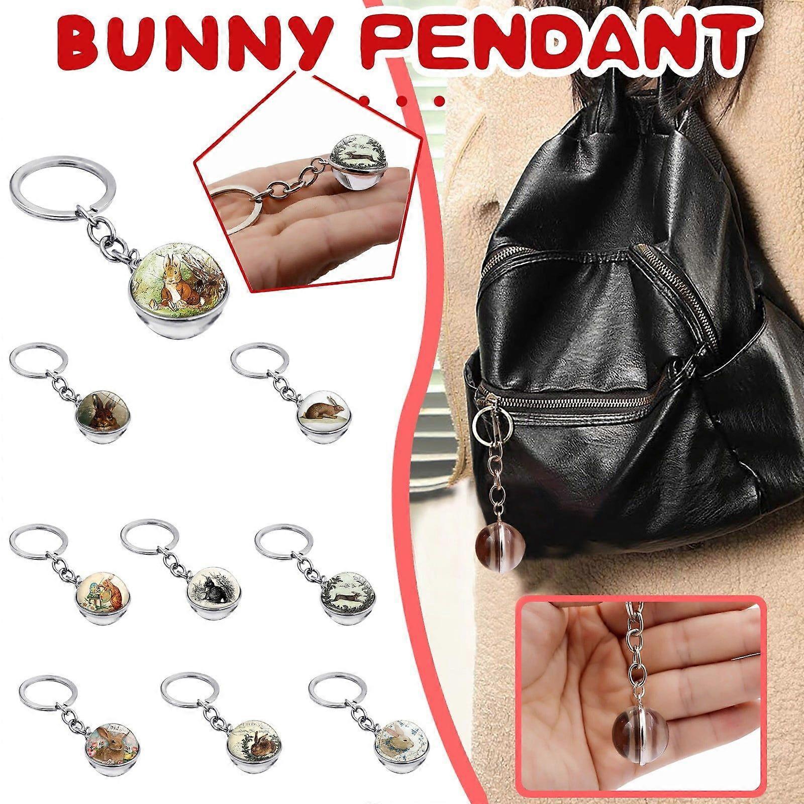 Pendant 1Pc Easter Bunny Time Gemstone Double-Sided Glass Ball Keychain Key Ring