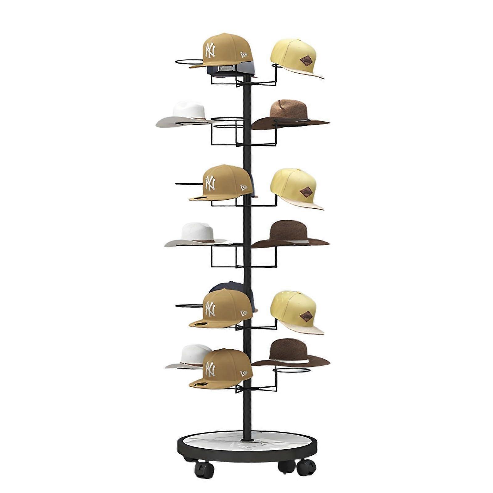 Black Metal Hat Rack Stand with 30 Hooks, Rolling Cap Display Tree for Home and Store