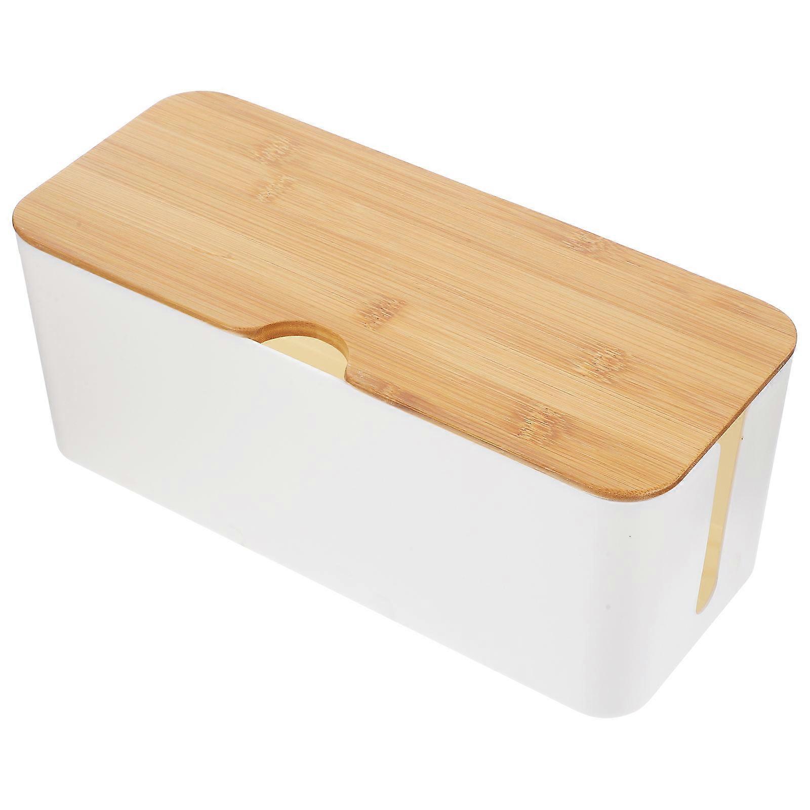 Kabelopbergbox, wit met bamboe deksel.