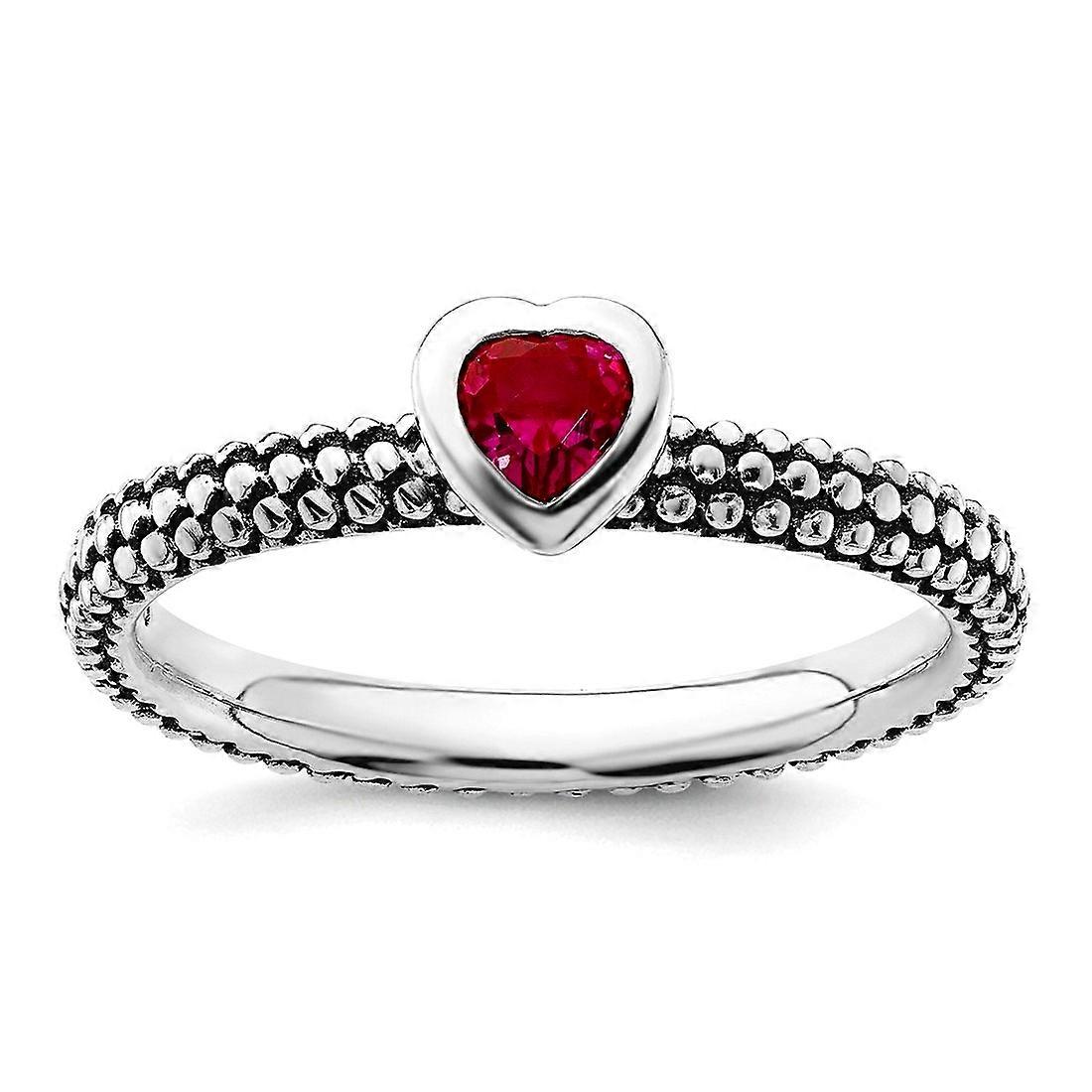 2.25mm 925 Sterling Silver Bezel Oxidized Stackable Polished Created Ruby Love Heart Ring Stackable Ring for Women - Rin