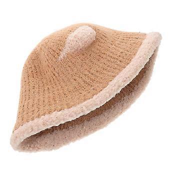 Khaki Plush Bucket Hat for Women with Ears Winter Warmth