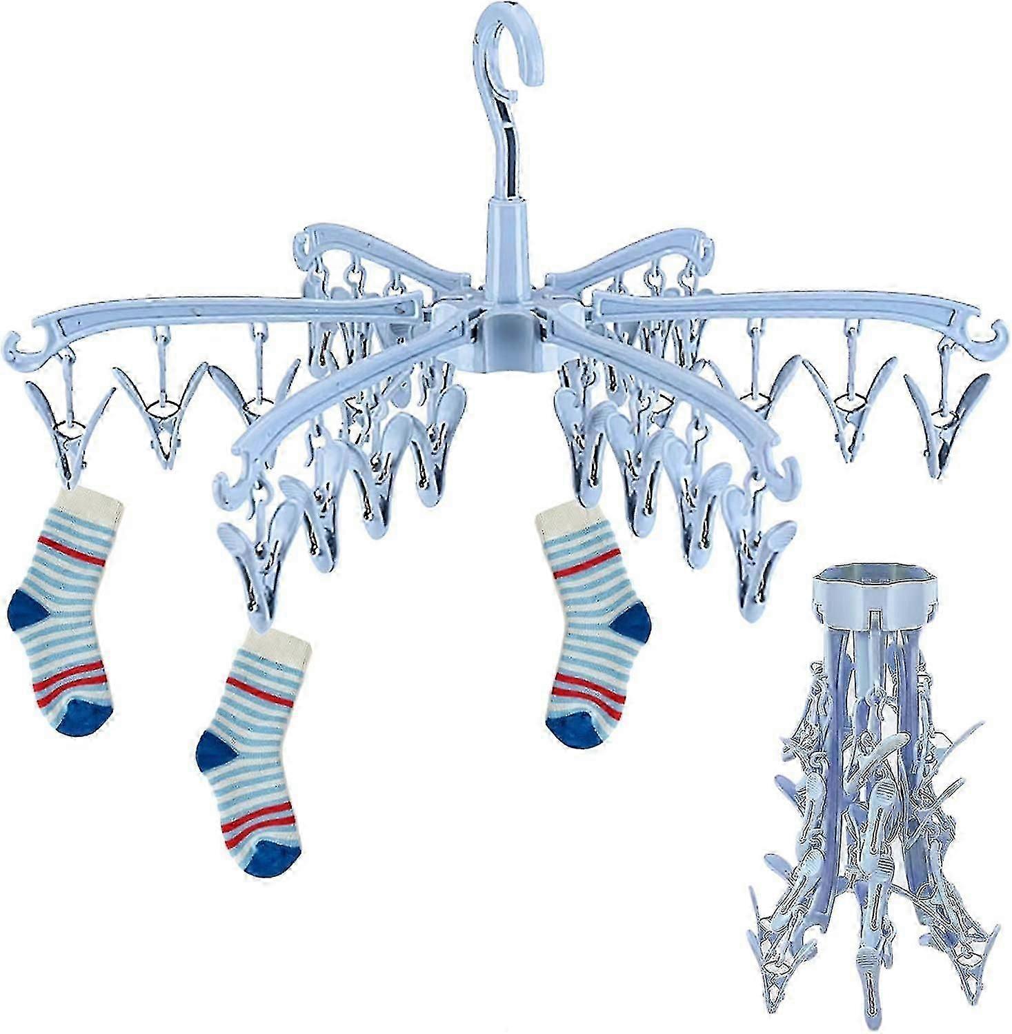Foldable Drying Rack with 24 Pegs and 360 Rotating Hook, for Socks and Underwear, Space-Saving for Indoor Outdoor Use, Sky Blue, 1 Pack