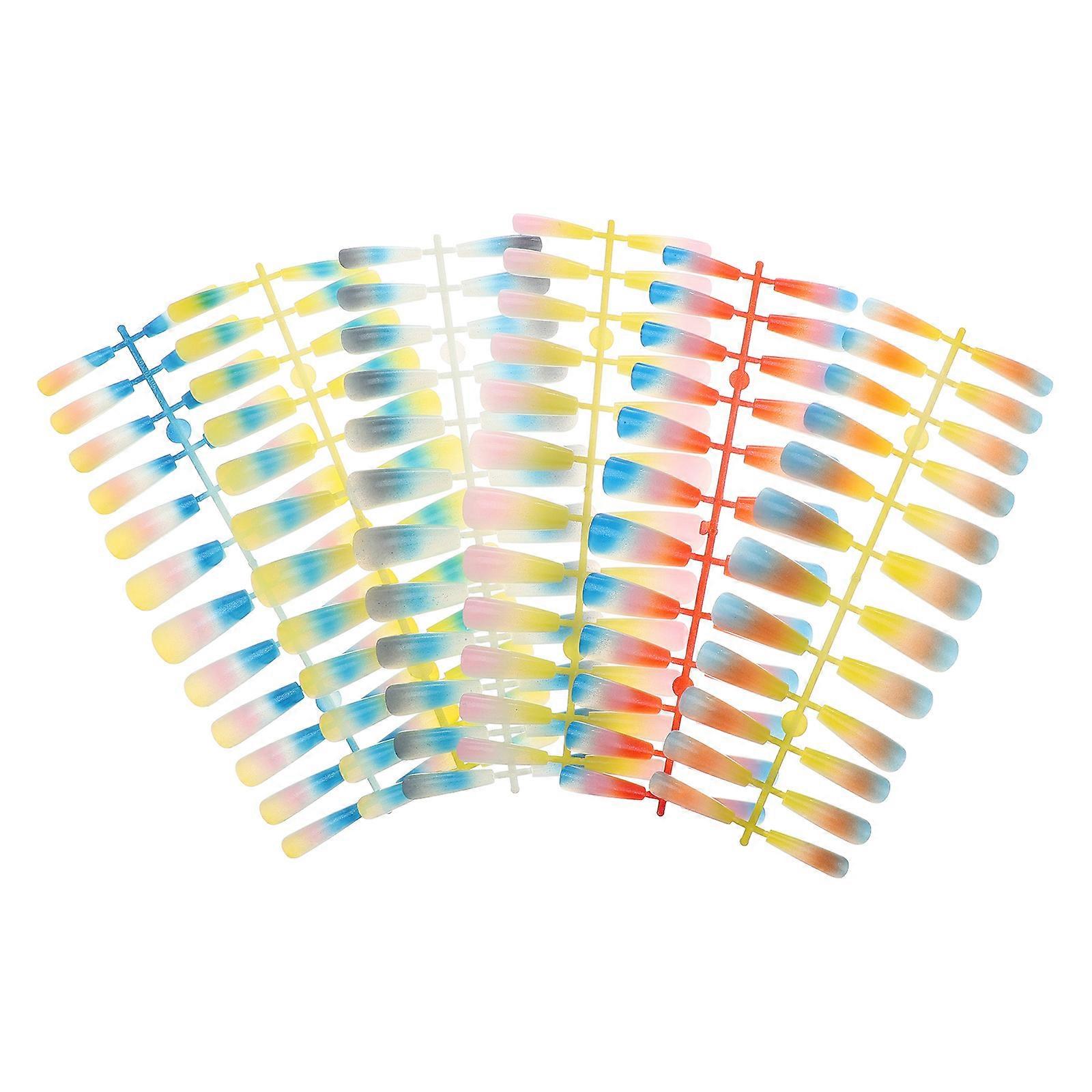 Rainbow Gradient False Nails Press on Long Coffin Nail Tips 144Pcs Set
