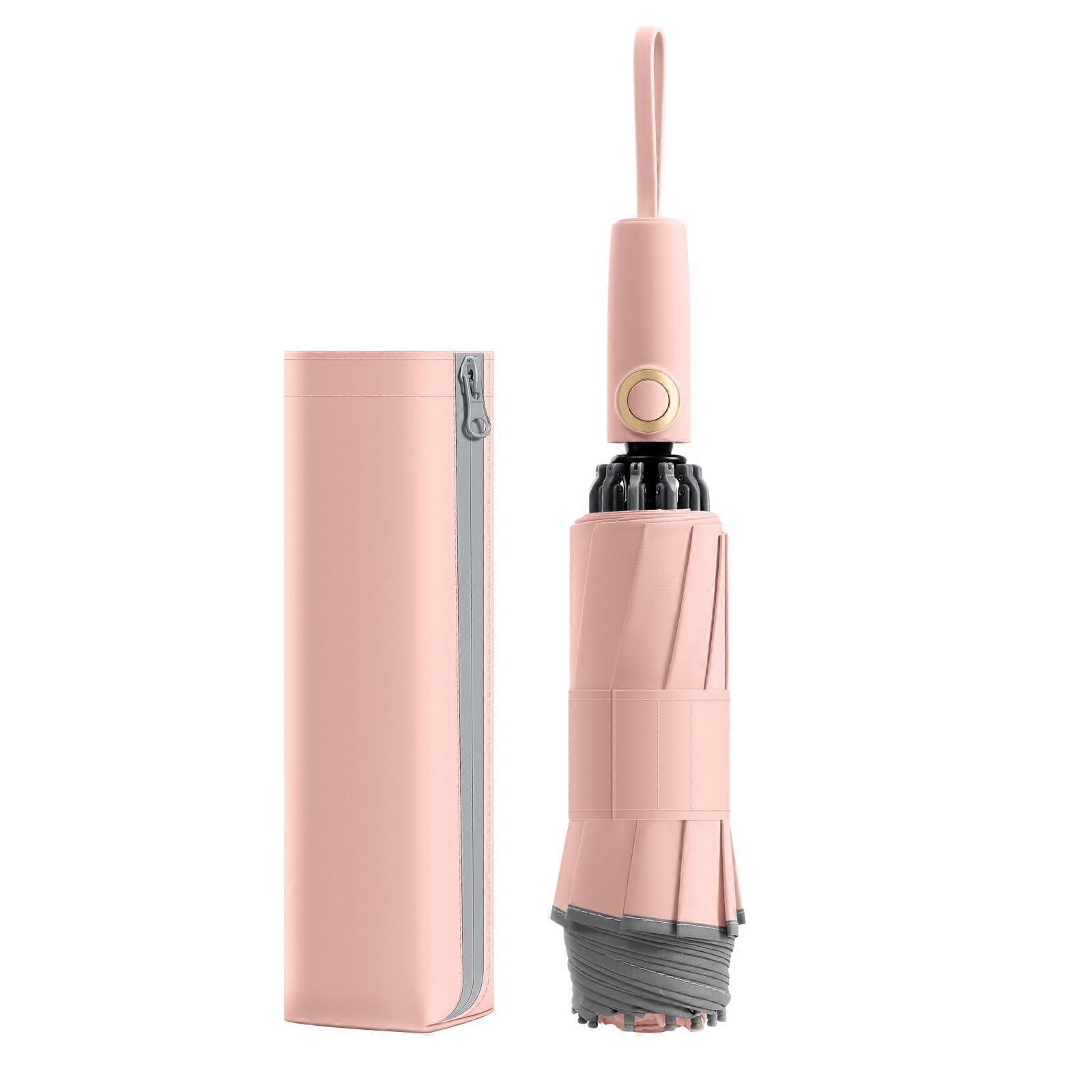 Automatic Reverse Folding Umbrella with Reflective Ring, Light Pink UV50+ Windproof Travel