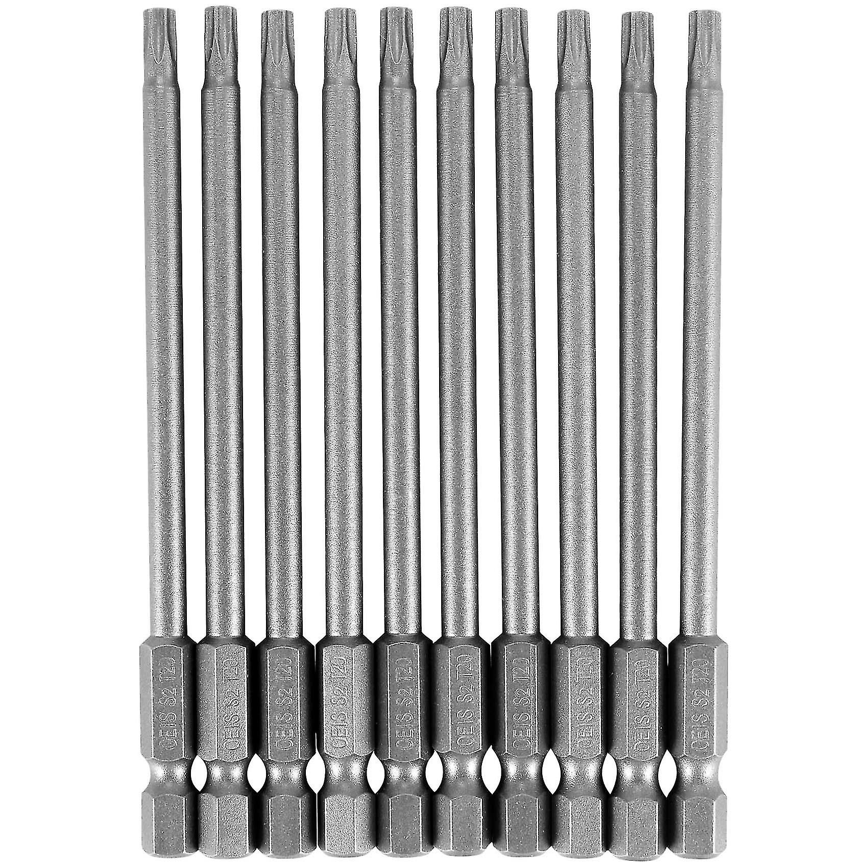 10pcs 100mm Length 1/4 Inch Hex T20 Torx Security Screwdriver Bits, Silver Gray