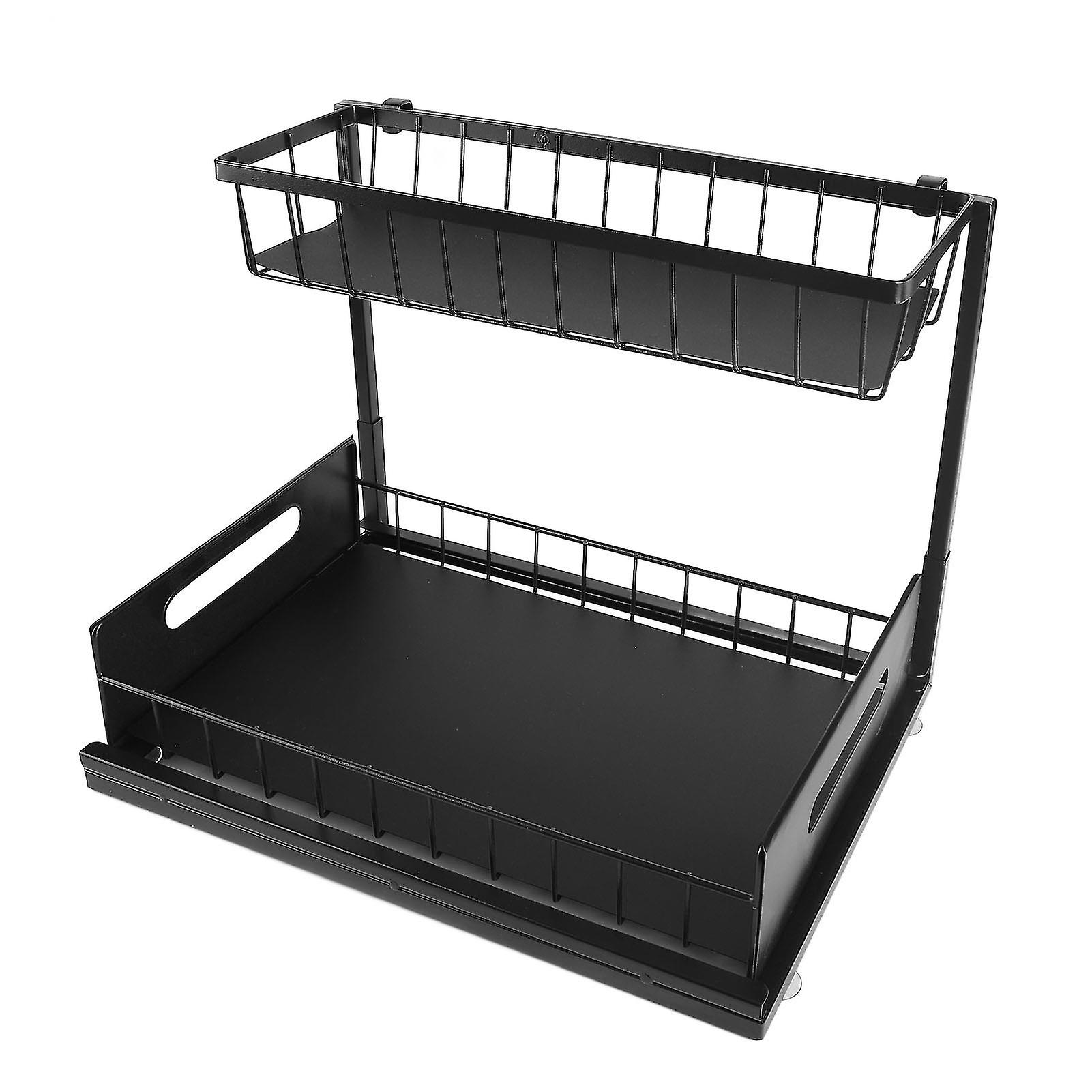 L-Shaped Double-Layer Pull-Out Storage Rack Under Cabinet Black Organiser Adjustable Spice Shelf Drawer Design Durable Stee