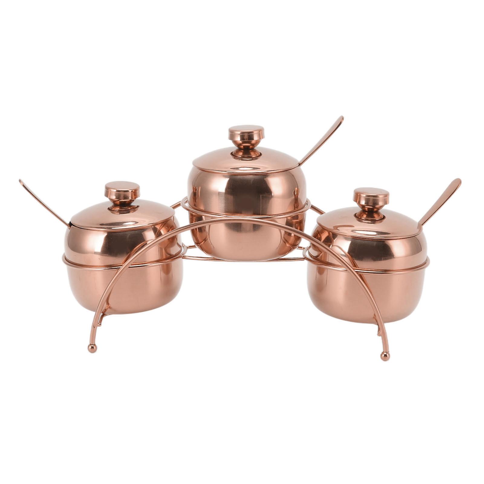 Stainless Steel Seasoning Jar Set Salt and Pepper Sugar Jar with Lid and Spoon Kitchen Seasoning Bottles with Storage Rack Rose Gold
