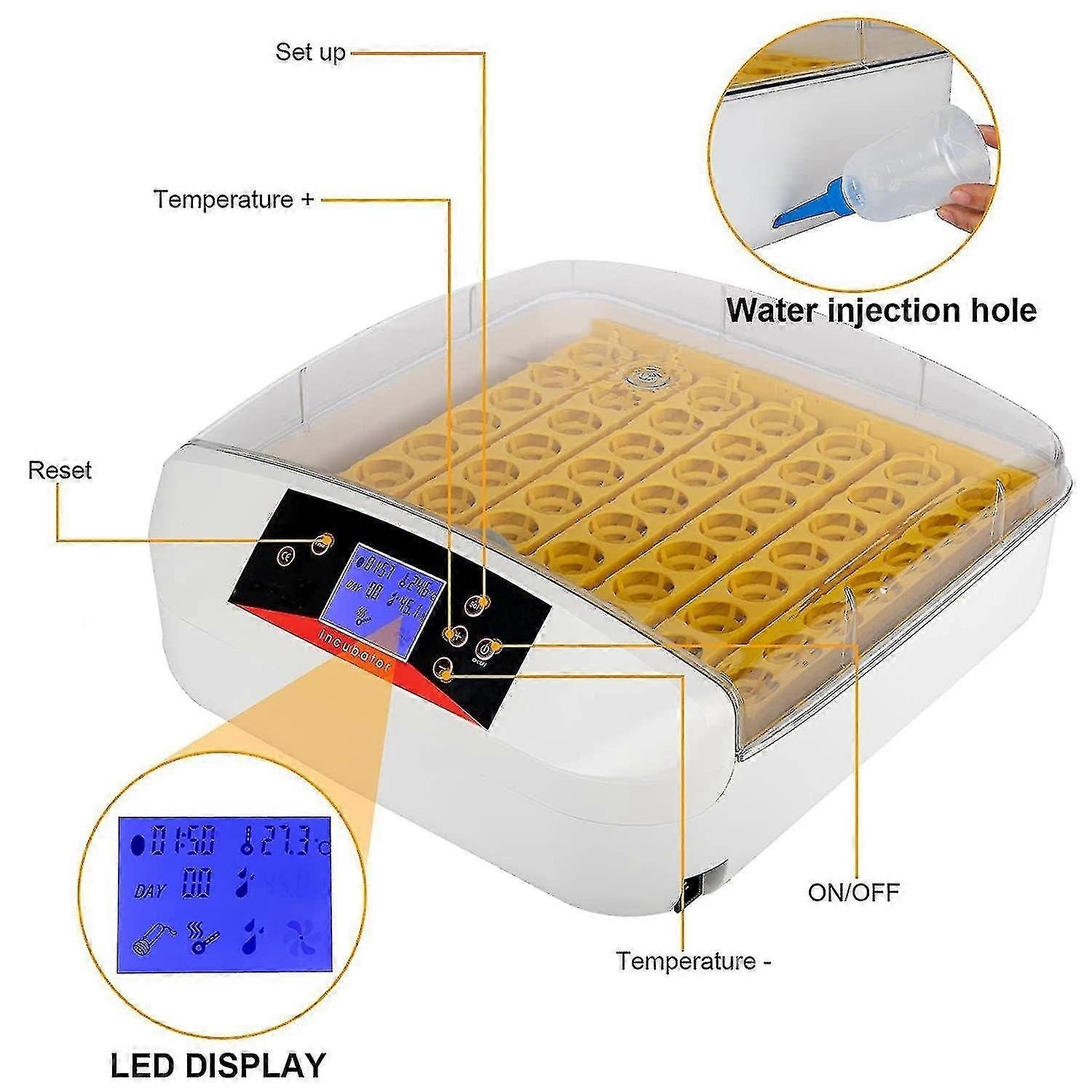 Two piece egg incubator, 55 egg incubator, automatic egg turning poultry hatcher, temperature and hu