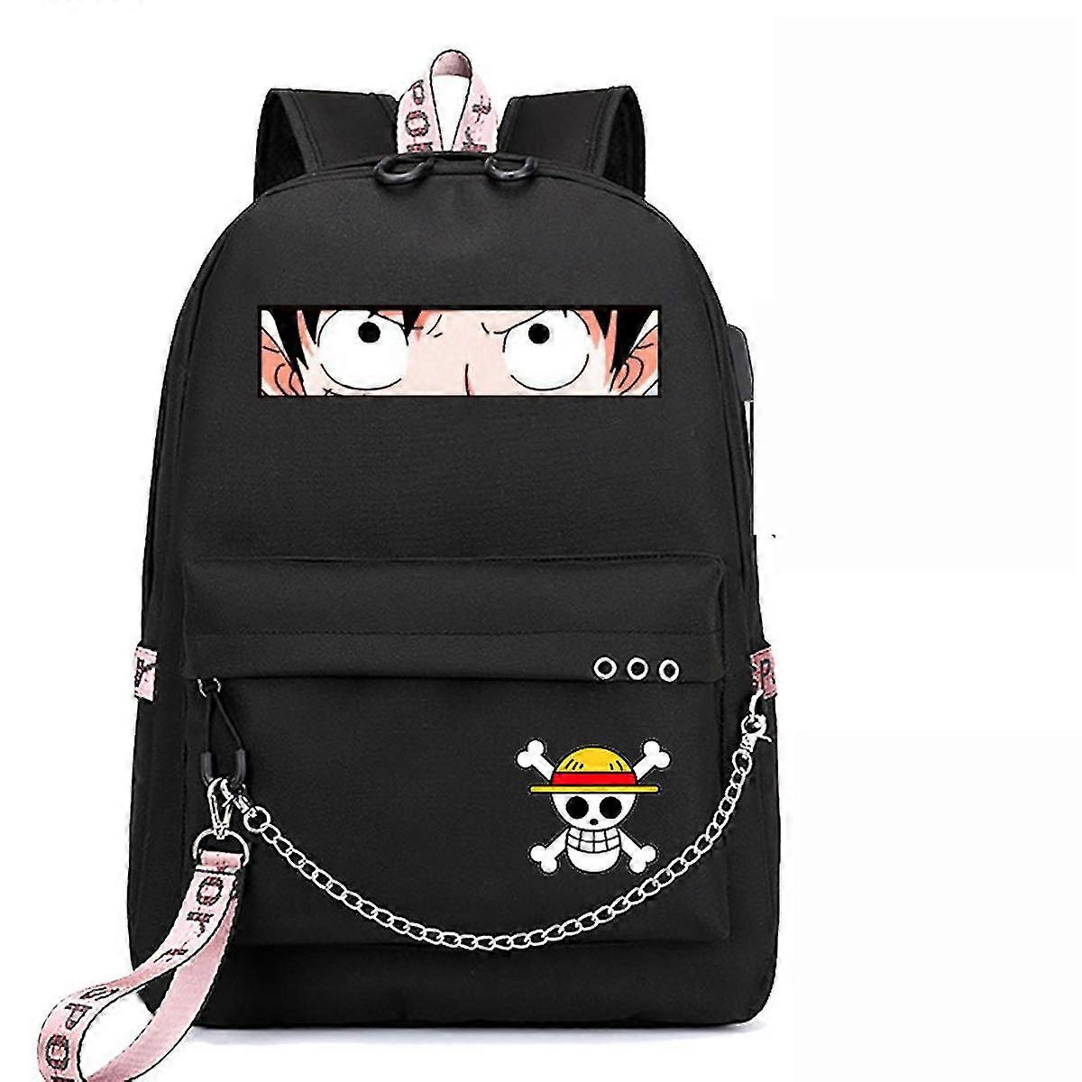 One Piece Backpack Cartoon 3D Print School Bag Black Nylon Daypack with USB Charging Port