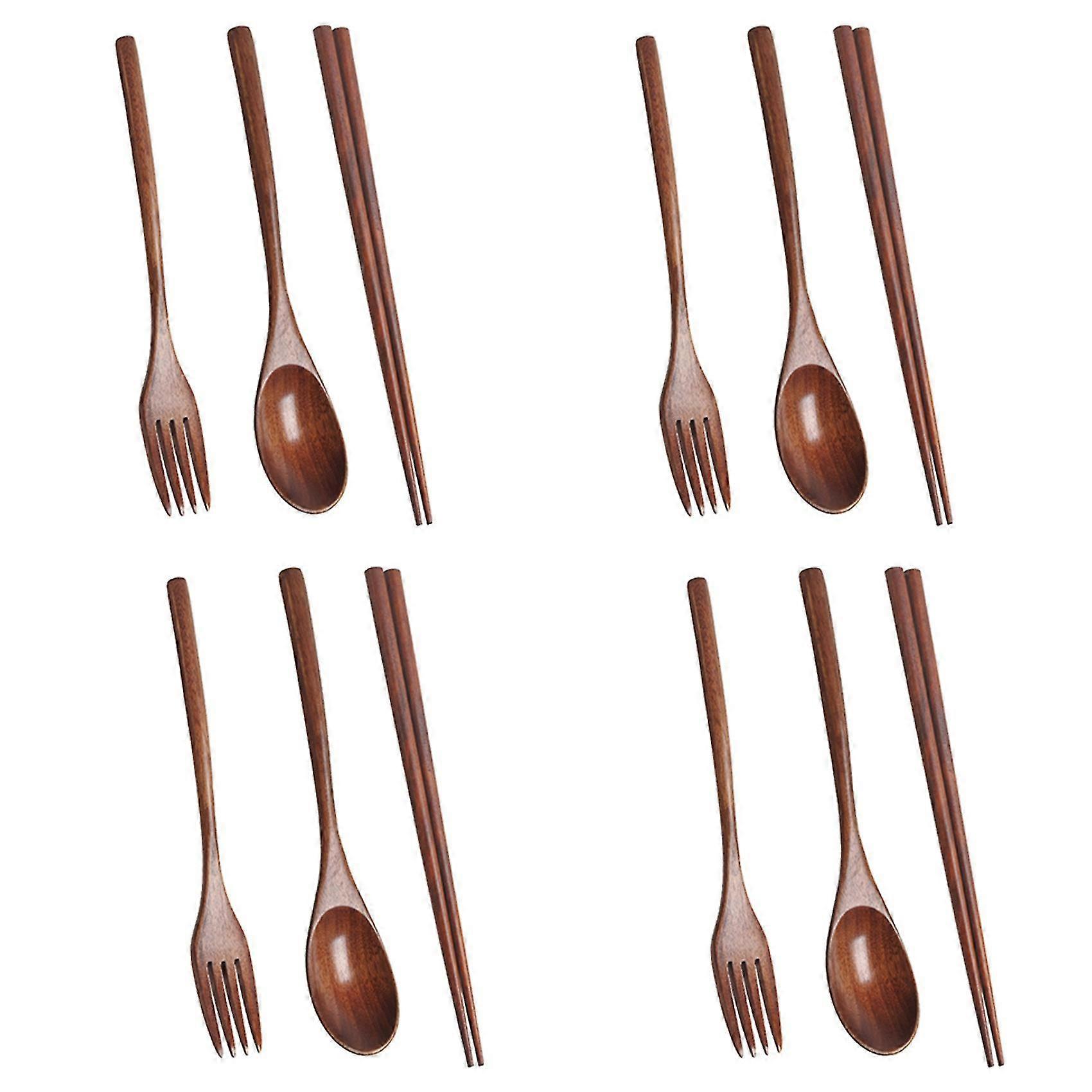 4x Wooden Cutlery Set Portable Eco Friendly Reusable Flatware Utensils Set Spoon Fork Chopsticks