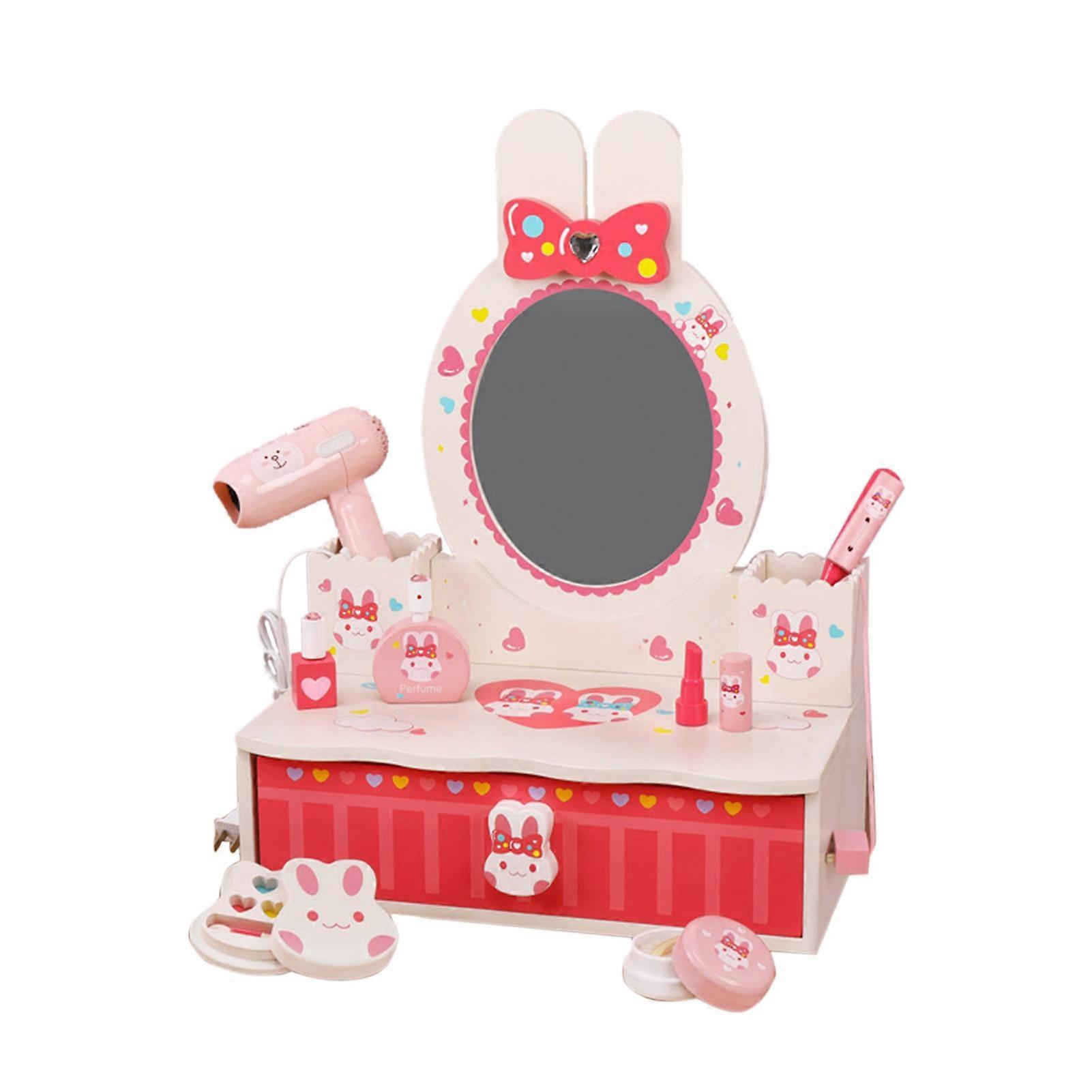Kids Makeup Table Set Cartoon Pattern Vanity Dressing Table Makeup Accessories Pretend Play Toy Makeup Table Without Leg