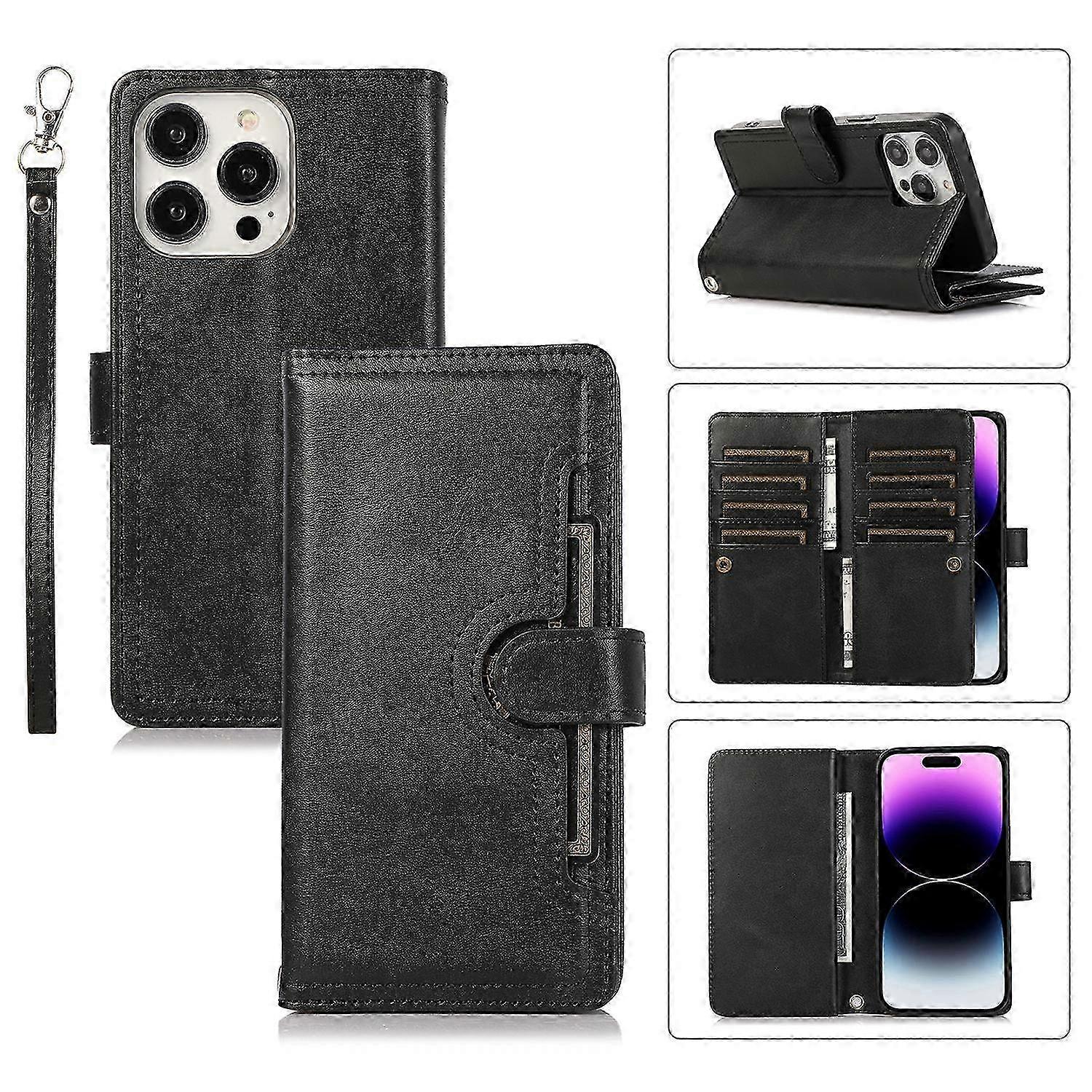 For iPhone 16 Pro Case Split Leather Magnetic Wallet Phone Protector with Wrist Strap - Blue