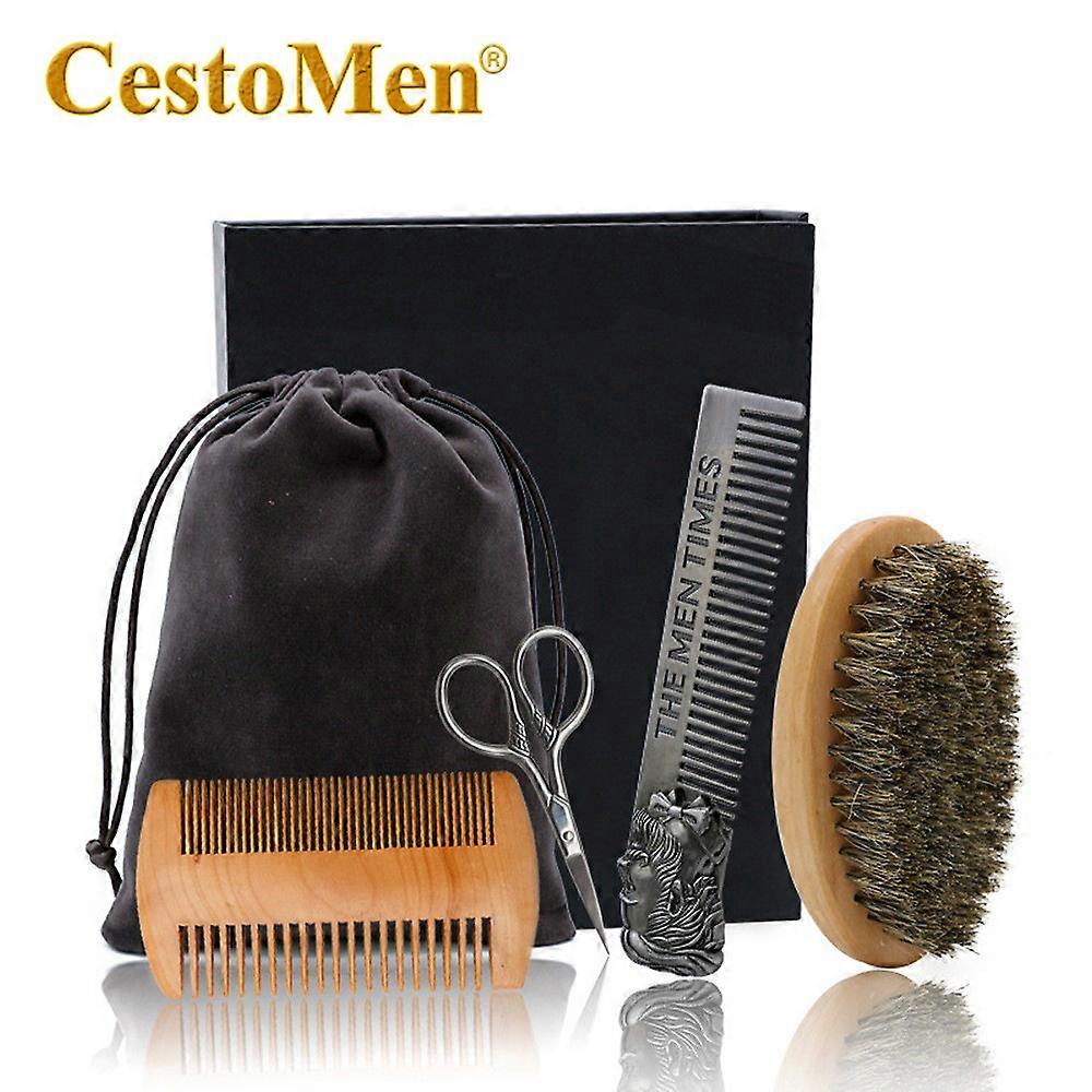 مجموعة مشط اللحية وفرشاة اللحية Revolution للرجال - فرشاة خنازير طبيعية ومشط خشب الكمثرى ثنائي المفعول مع حقيبة سفر مخملية - رائعة للعناية الشخصية