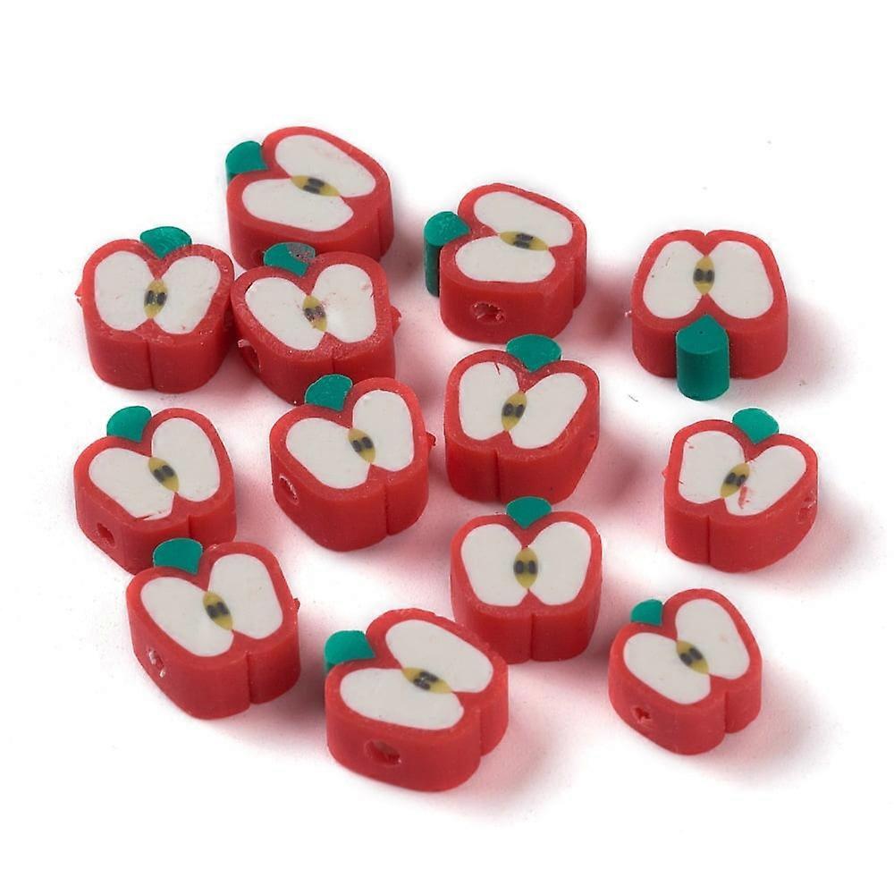 50pc Handmade Polymer Clay Beads Apple Slice Red 9.5~11x9~10x4.5~4.7mm Hole: 1.6mm