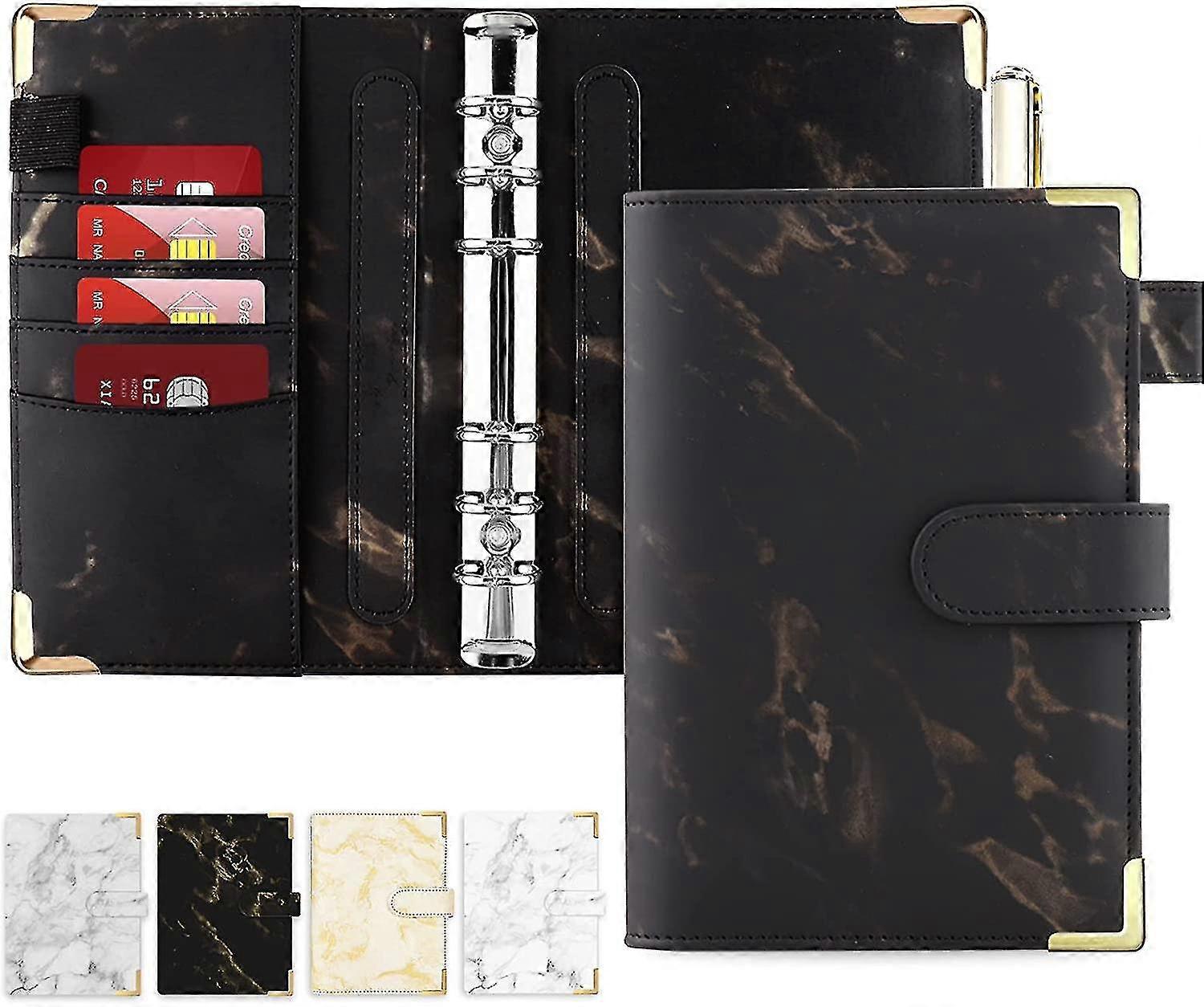 A6 Refillable 6 Ring Mini Binder, Marble Budget Binder, With Magnetic Buckle, Black
