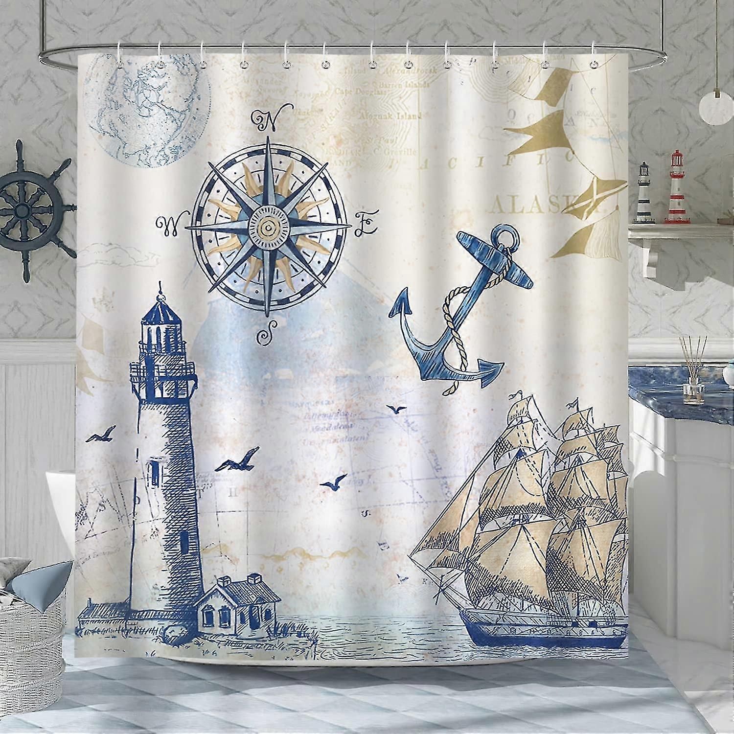 Nautical Shower Curtain Lighthouse Sailboat Compass Anchor 180 X 180 Cm Bath Curtain Polyester Fabric Mildew Proof Waterproof Washable Bathroom Curtai