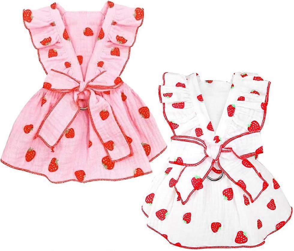 2 Pack Strawberry Dog dresses with D-ring Summer Puppy Clothes for Small Dog Girl Spring Cat Outfit Cotton Sleeveless Pet Dress for Kitten Chihuahua P