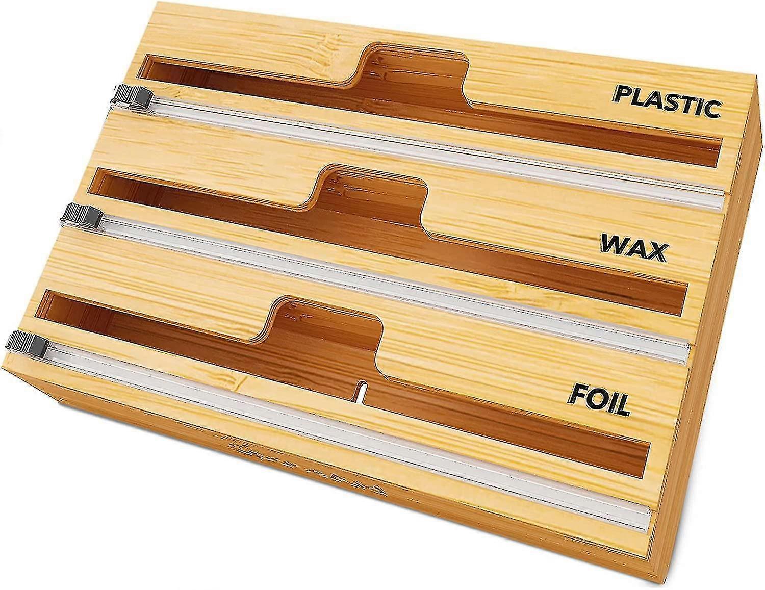 3 In 1 Wrap Organizer With Cutter And Labels, Plastic Wrap, Aluminum Foil And Wax Bamboo Dispenser (natural)