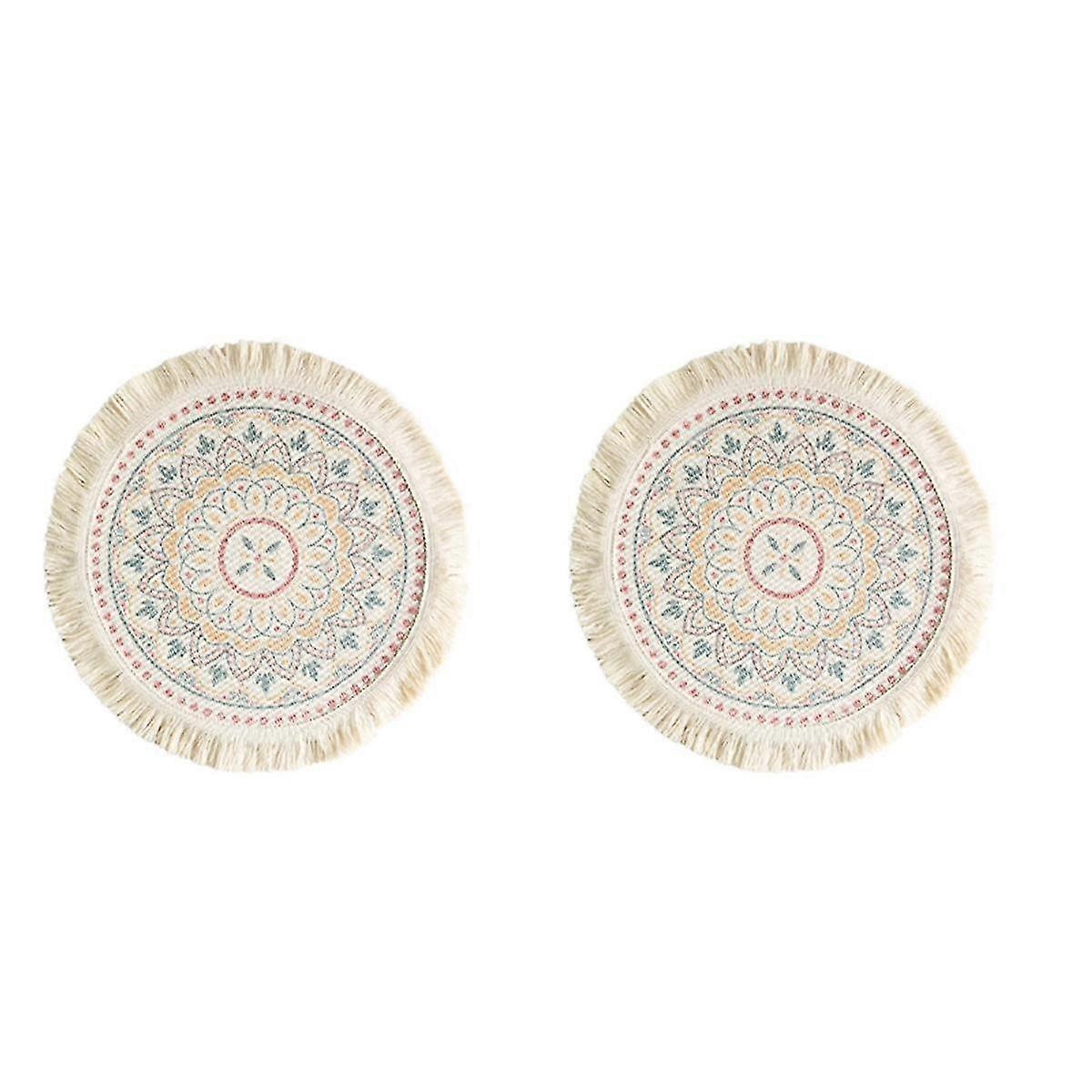 2pcs Printed Place Mat Bohemian Tassel Printed Coaster For Home Insulation Circular Shape Dinner Table Layout Props, C