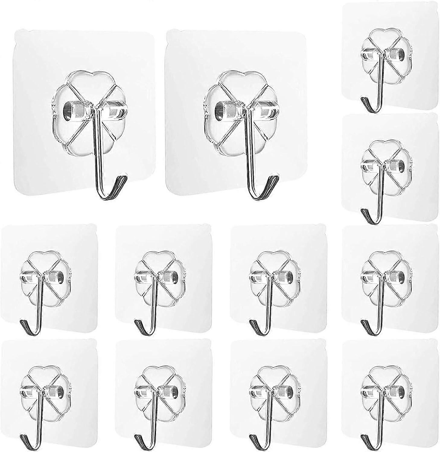 Waterproof Reusable Hooks - 12 Pieces Transparent Adhesive Hooks with Stainless Hooks