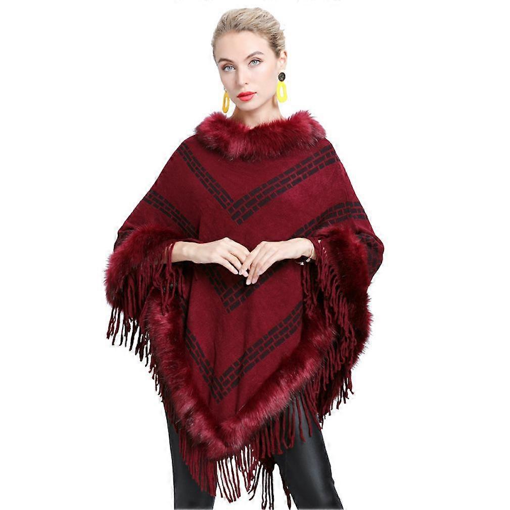 Red Pullover Wrap Shawl with Faux Fur Trimming Loose Blanket with Tassel for Lady