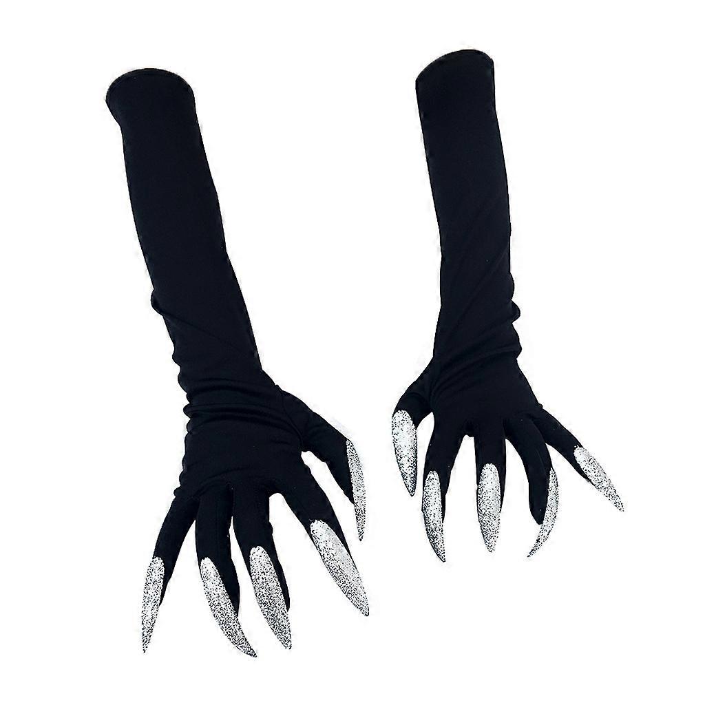  Black Silver Gloves Long Nails Demon Devil Witch Halloween Costume Accessory