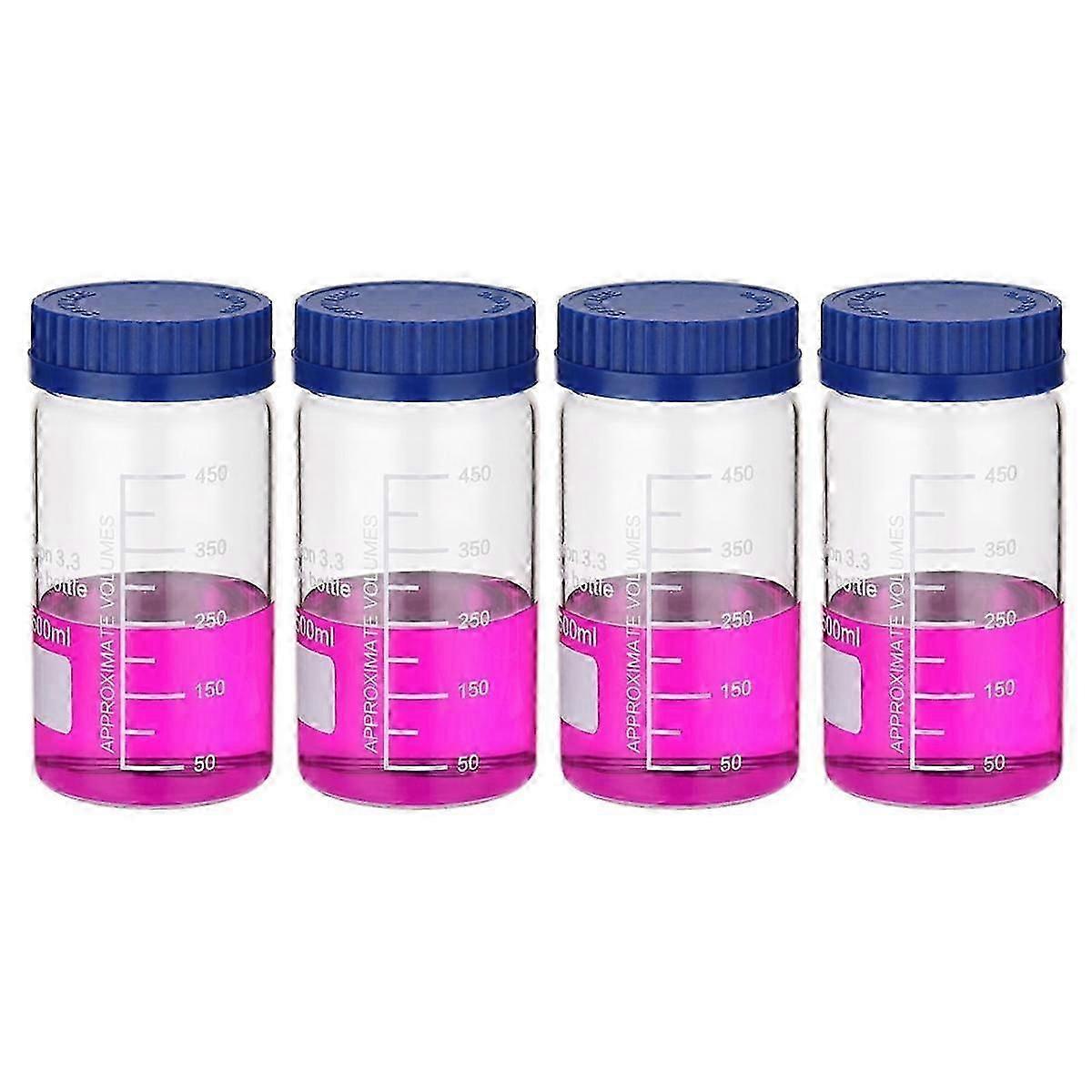 4 Pack Reagent Media Storage Bottles, 500ml Borosilicate Glass Wide Mouth Graduated Round Bottles With Gl32 Screw Cap