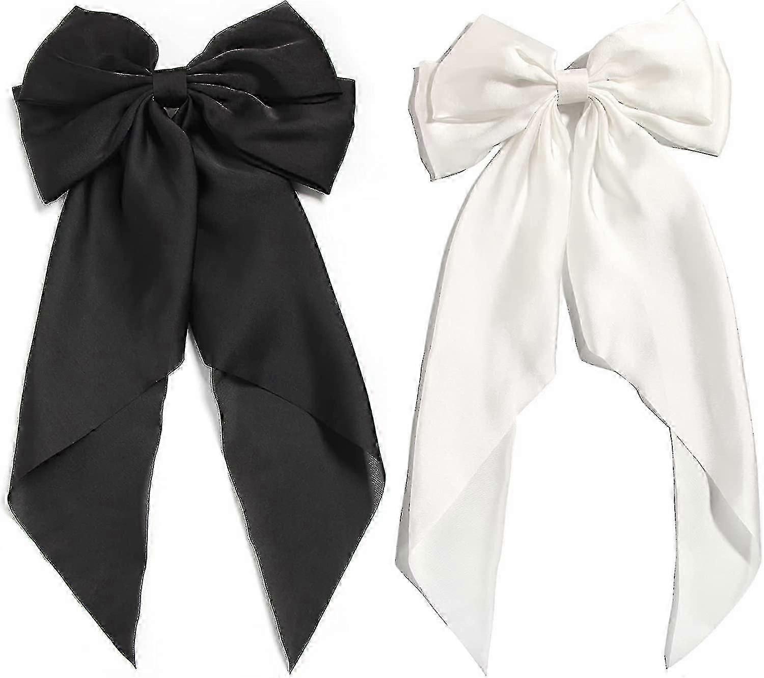 2 pcs couleur unie noeud pinces à cheveux avec longue queue satinée soyeuse grands arcs (noir + blanc) -Z