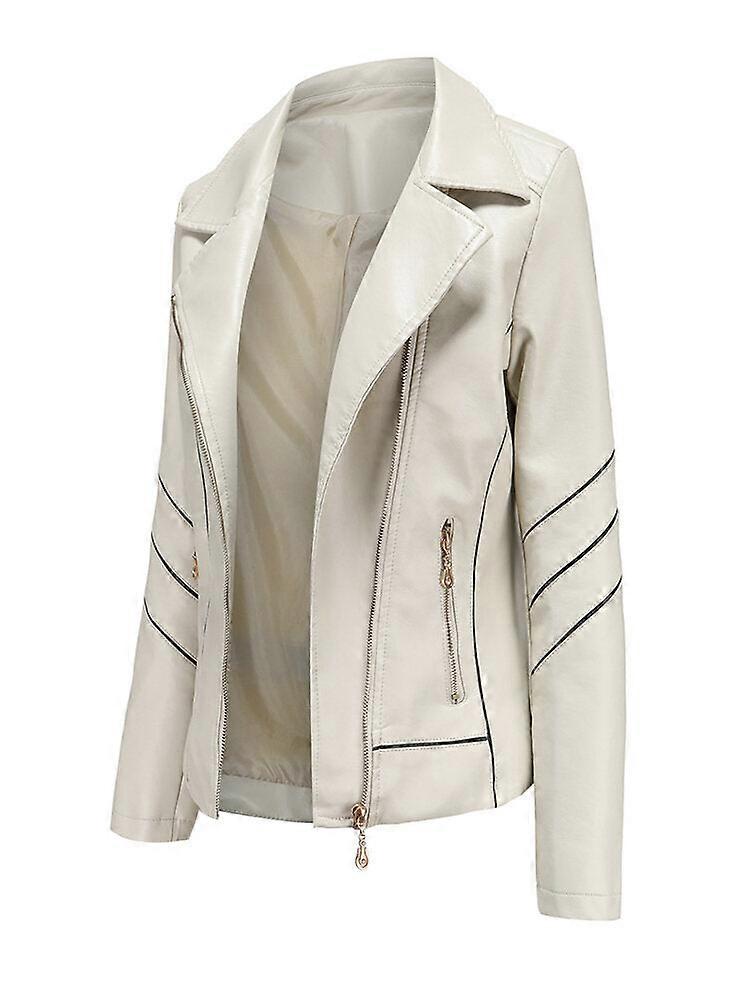 Women Solid Color Faux Pu Leather Motorcycle Jacket With Pocket