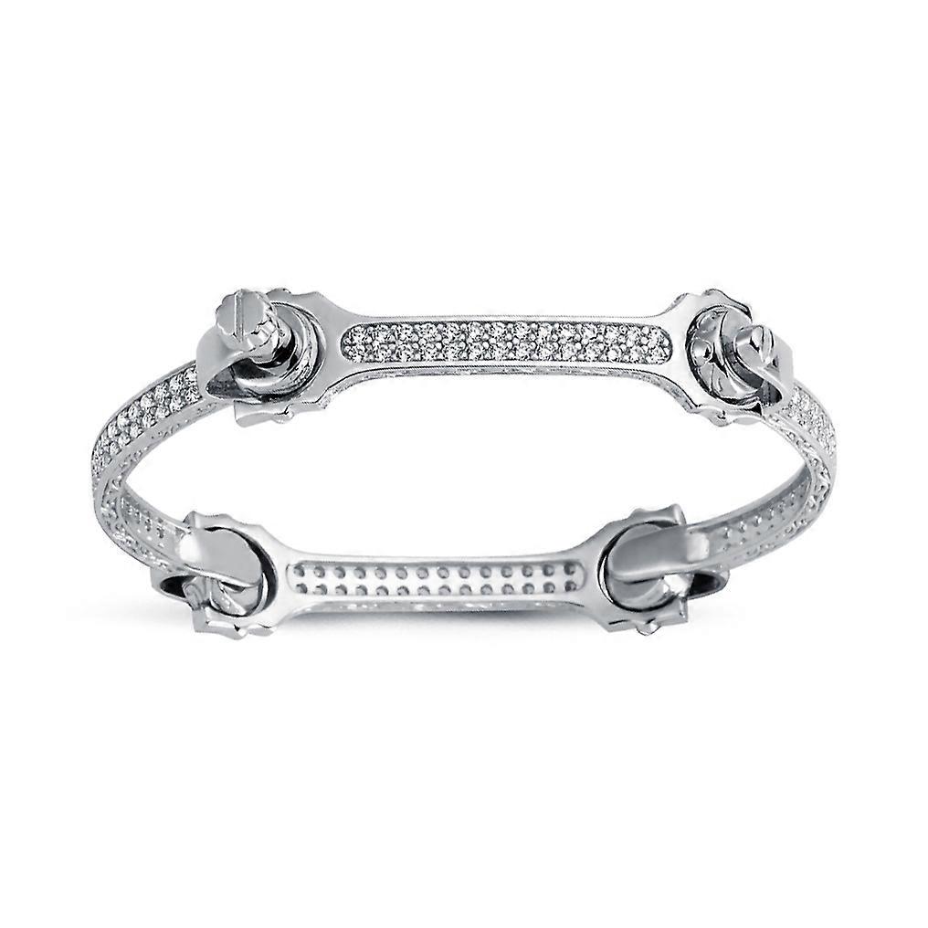 Jewelco London Rhodium Plated Sterling Silver Round Cubic Zirconia Spanner & Socket Bangle Bracelet 4mm