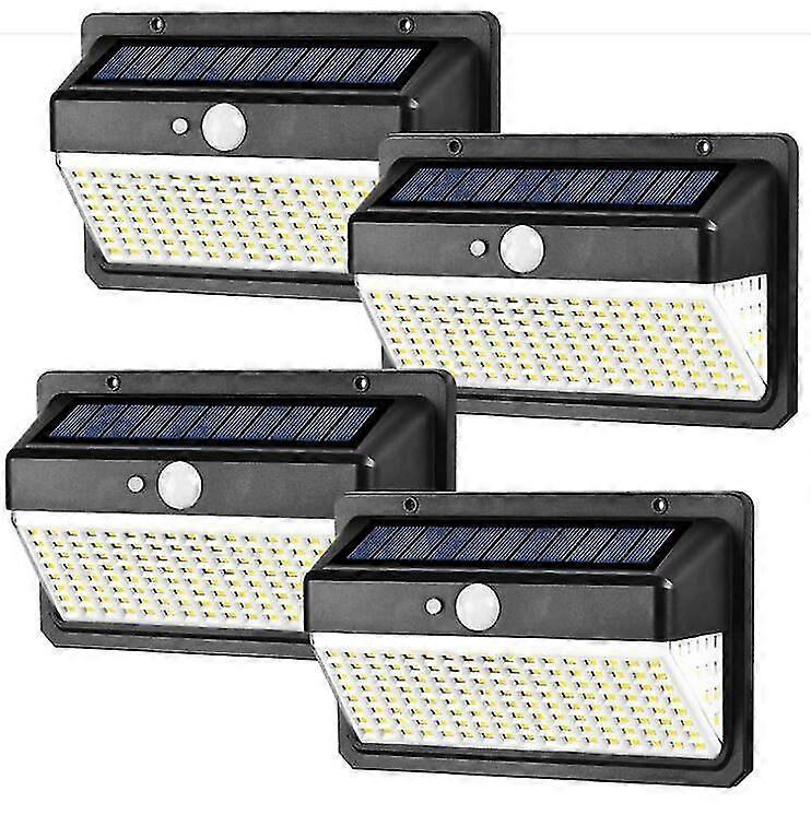 Luz solar para exteriores, [paquete de 4 de 158 LED] Iluminación solar para exteriores con sensor de movimiento, foco solar para exteriores con 3 modos inteligentes, luz solar impermeable para G
