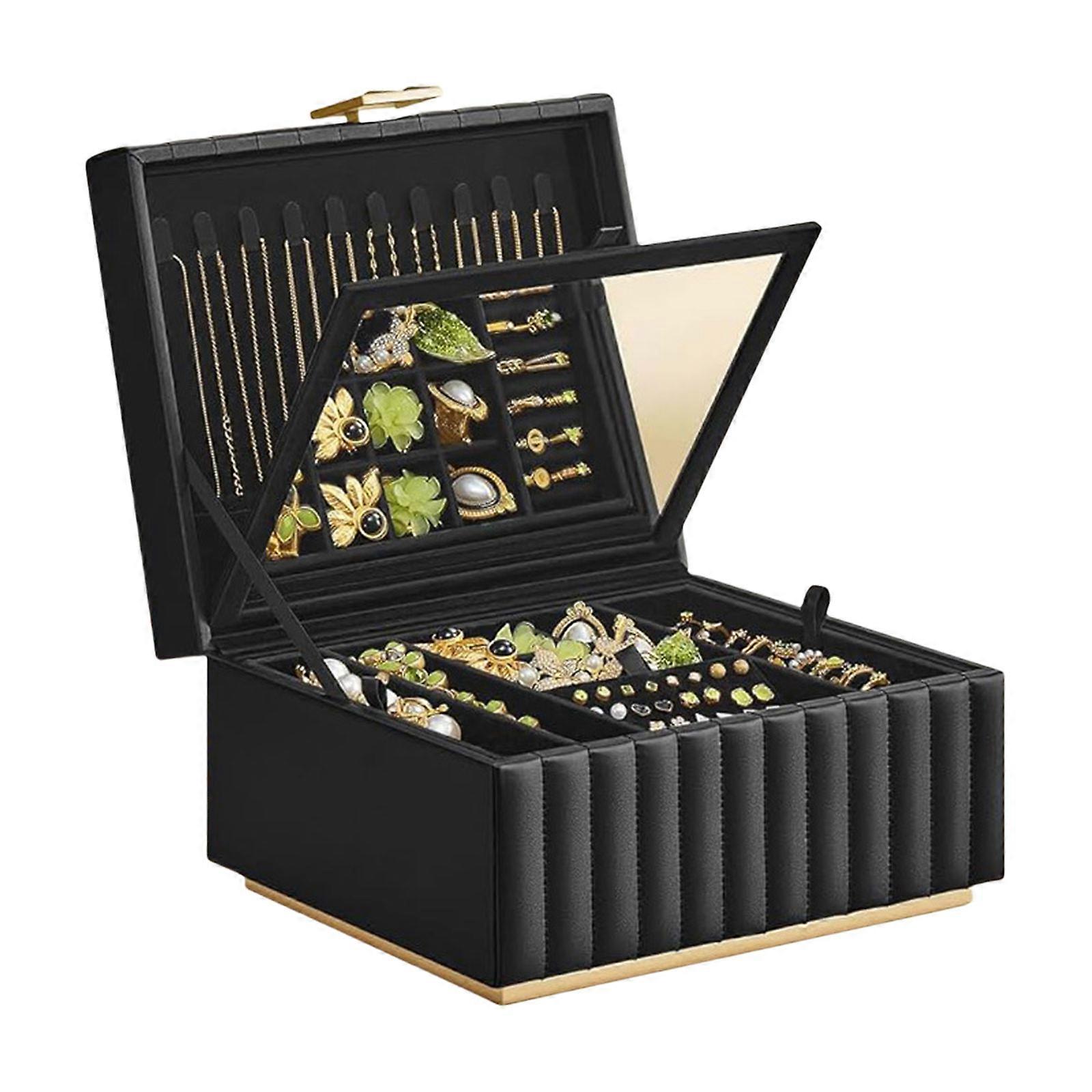 Sofisticata Jewelry Cofanetto Portatile Quadrato Gioielli Vetrina 2 Livelli Storage Container con Chiusura In Metallo Nero