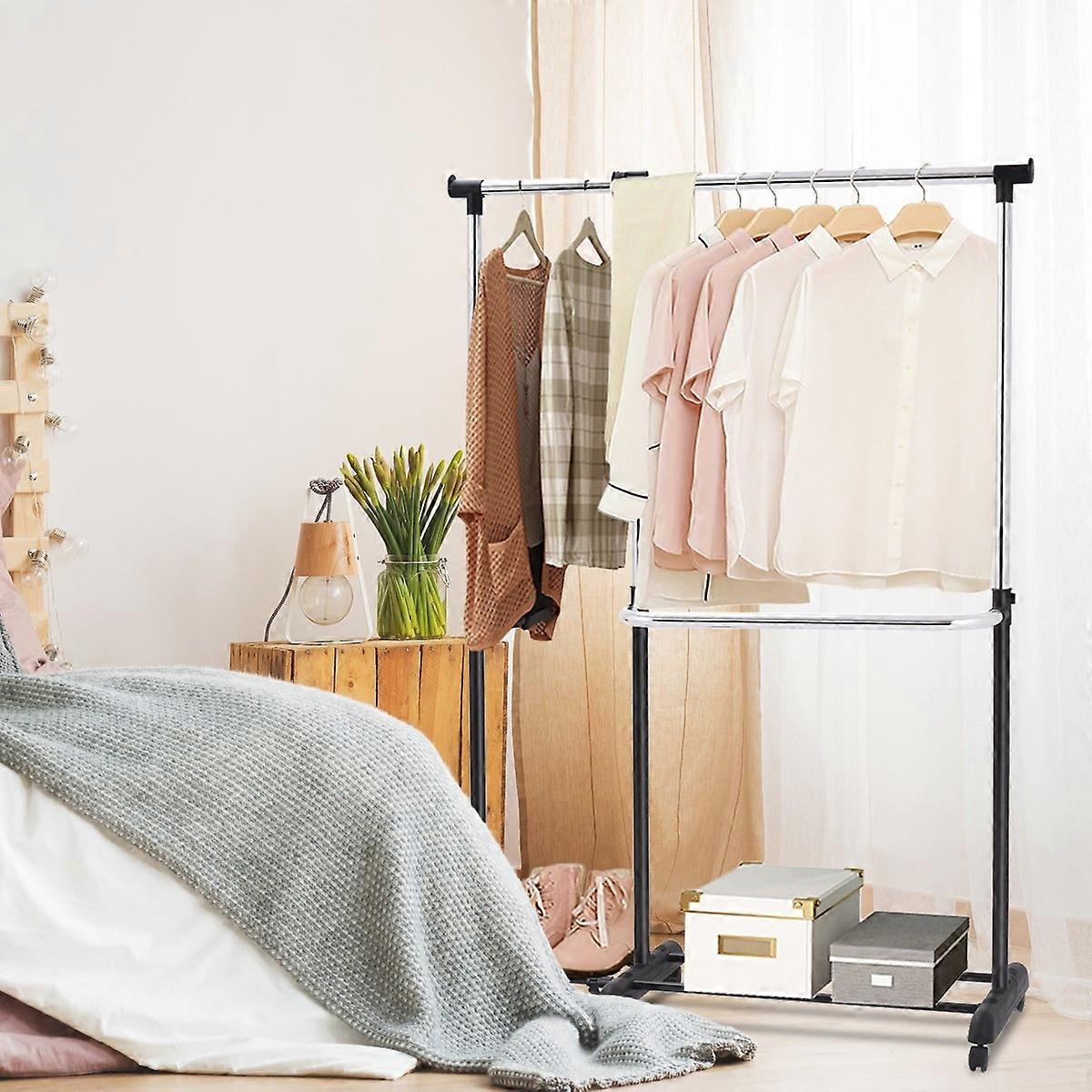 Pull-out clothes rack, height-adjustable clothes rack, clothes rail with 2 shelves, black