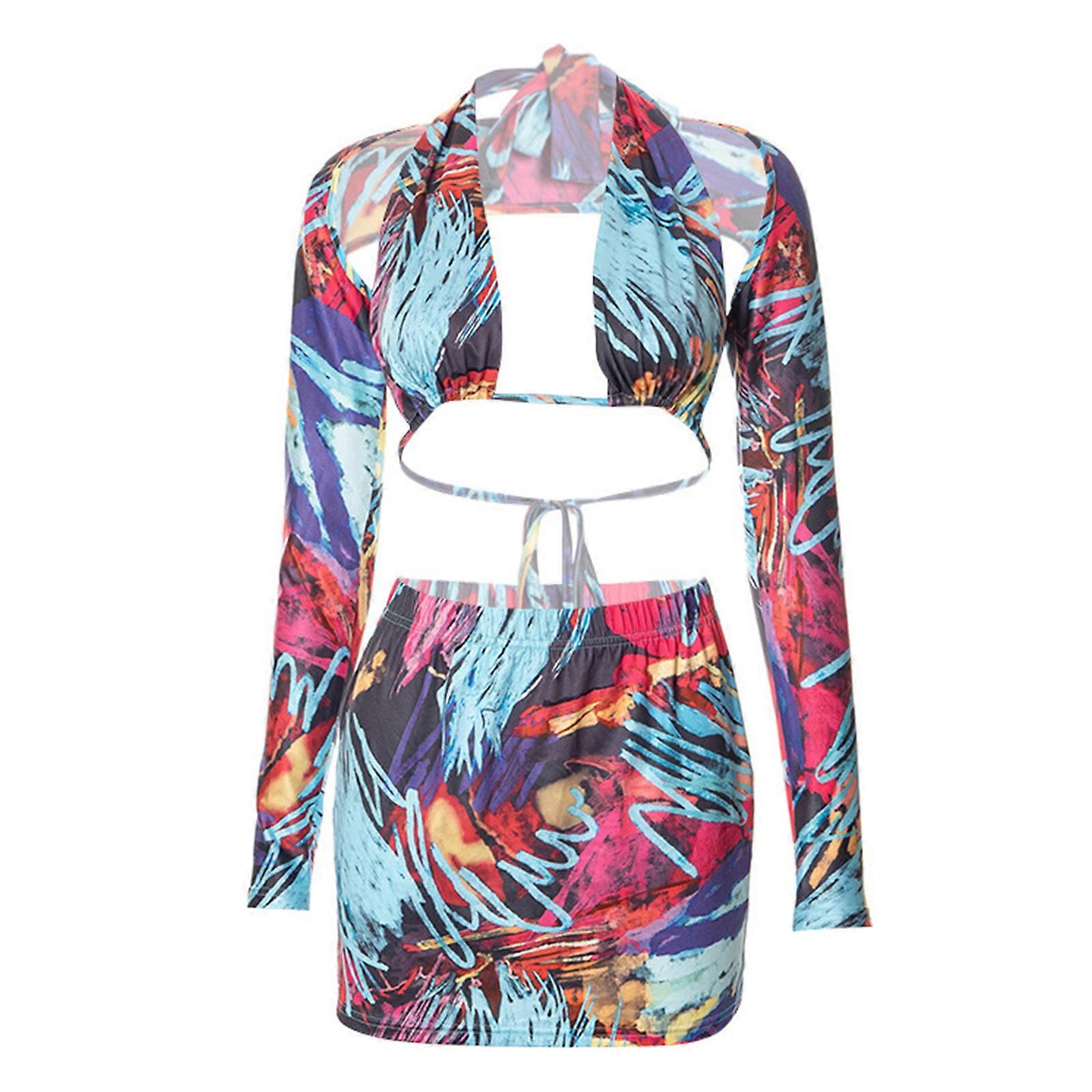Donne 3 Pezzi Astratti Colorato Stampato Abiti Halter Bralette e Manica Lunga Scrollata di Spalle Crop Top con Gonna Aderente Corto S
