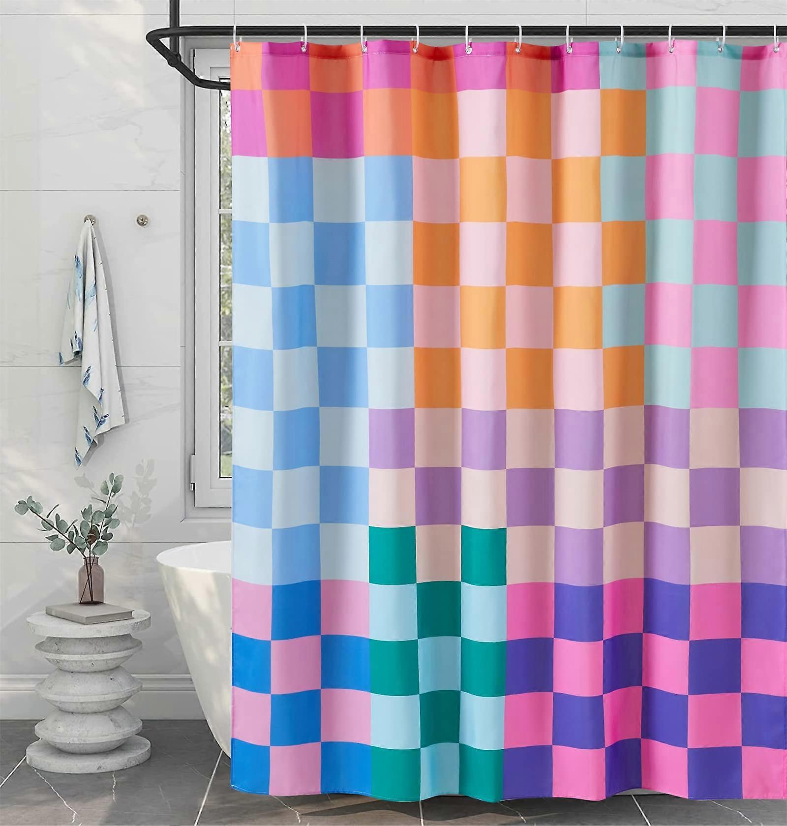 Multicolored Checkered Retro Fabric Shower Curtain Extra Long 84 Inches, Vibrant Rainbow Modern Aesthetic with Hooks