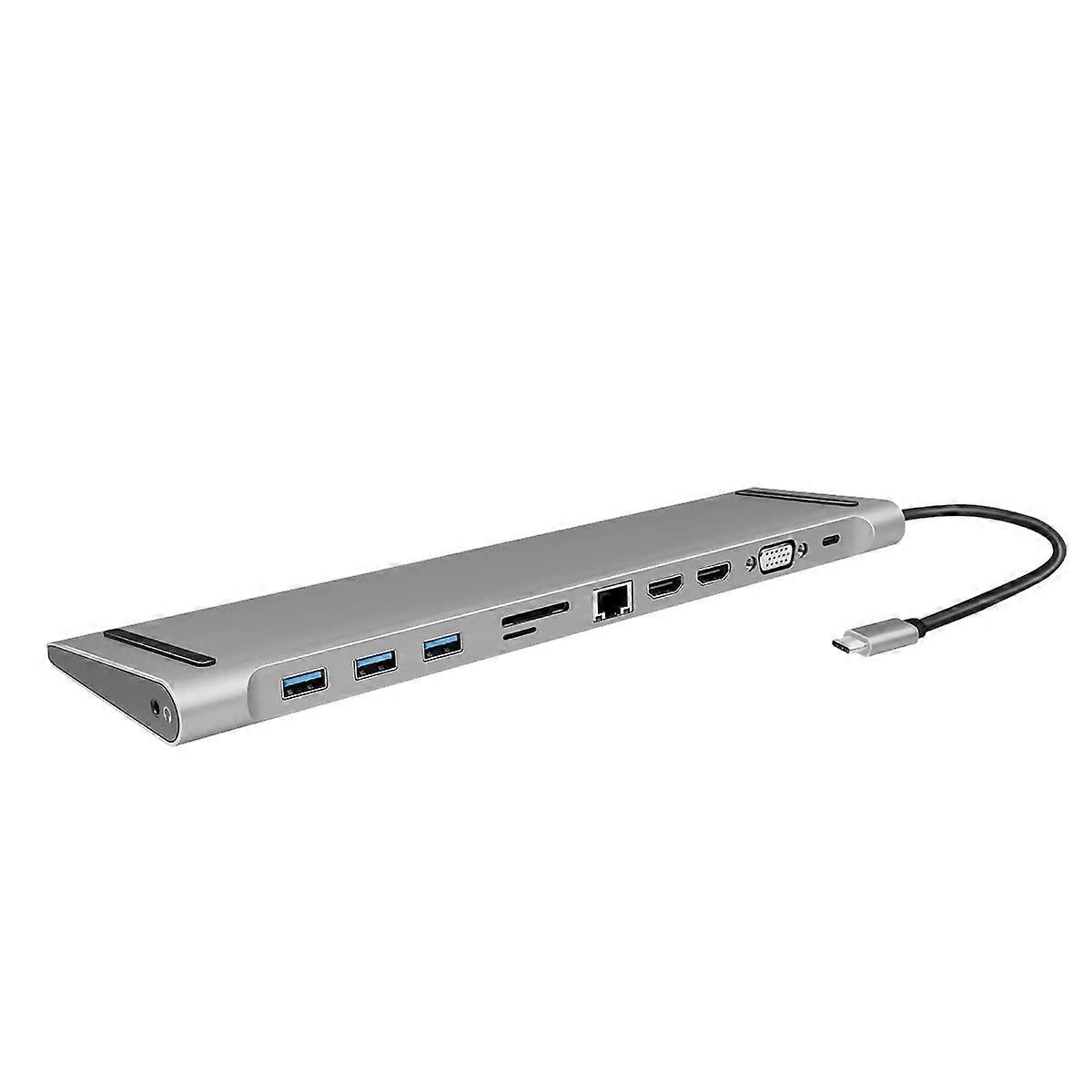 UA0373 USB 3.2 Gen 1 Docking Station 11-Port With PD 100 W Black Silver 3 USB 2 HDMI 1 VGA Card Reader RJ45 3.5 mm
