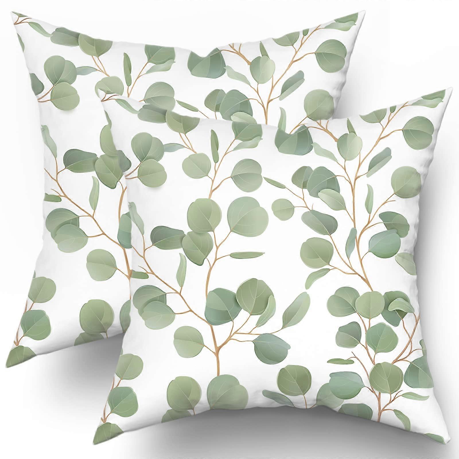 Spring Sage Green Leaf Pillow Covers 18x18 Set of 2, Eucalyptus Floral Watercolor Cushion Cases for Sofa and Couch Decor