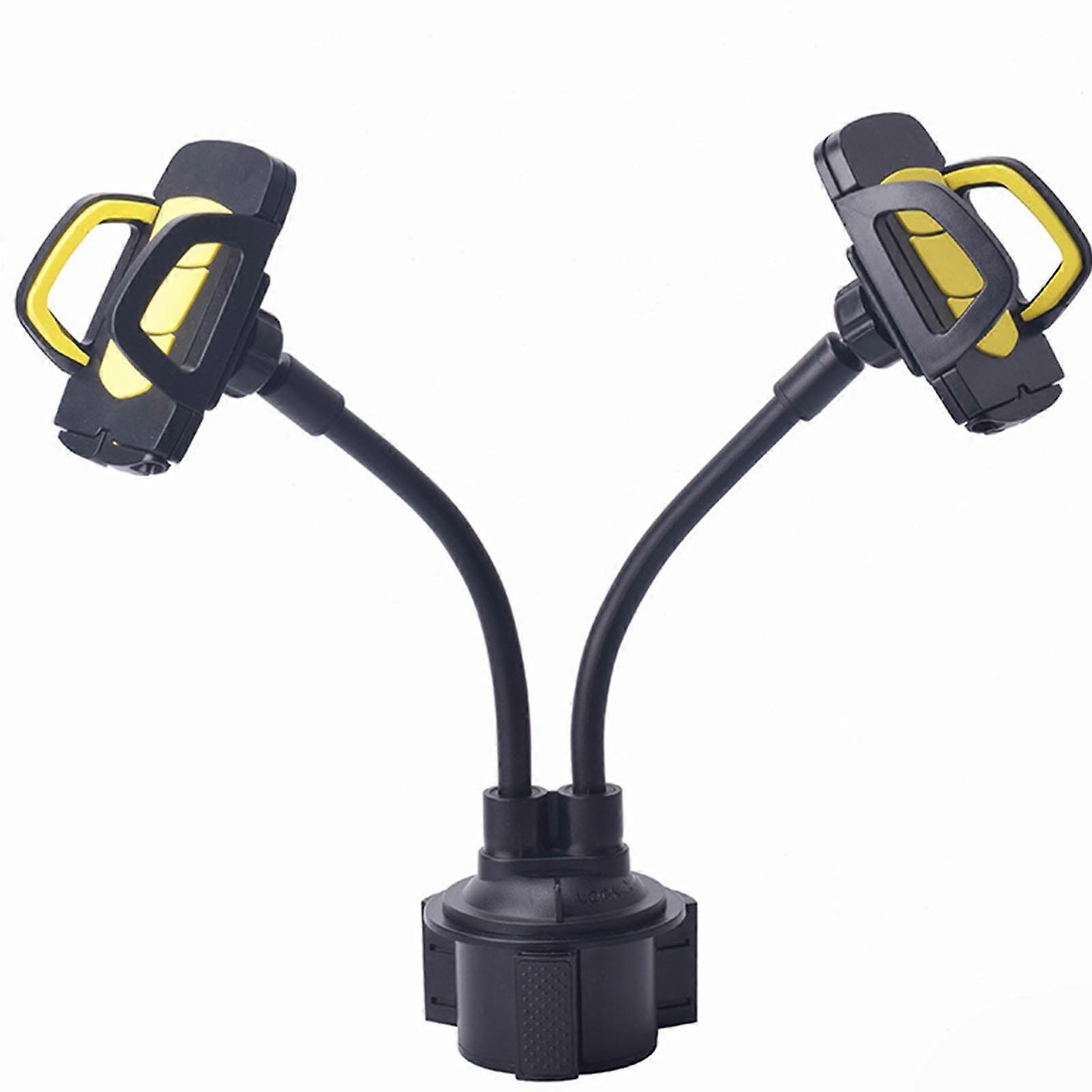 Universal Dual Phone Stand Cup Holder for Car 360° Rotatable Smartphone Cradle Phone Support Rack with Adjustable Base Yellow