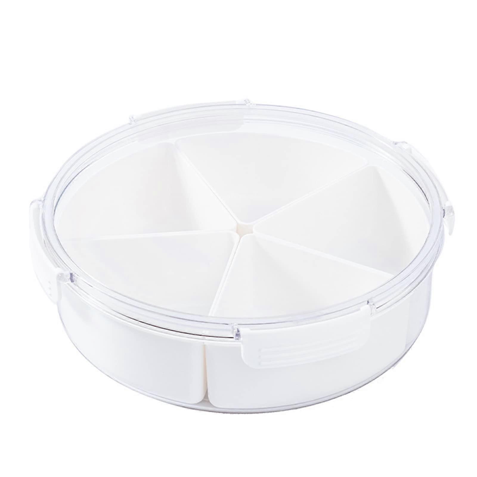 White Round Plastic Divided Serving Tray with Lid, 5 Compartment Snack Platter for Biscuits, Fruit, Veggies, and Candies